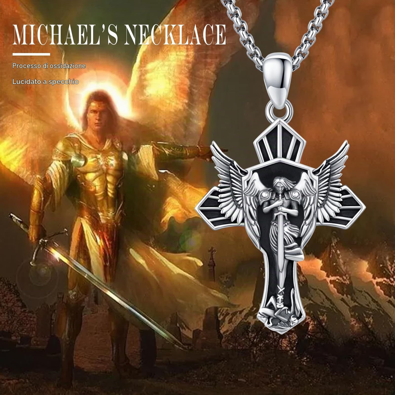Collana in argento Sterling 925 con ciondolo a forma di santo patrono, amuleto, gioiello per uomo e donna, con catena in acciaio inox, 33mm * 26mm, Argento sterling