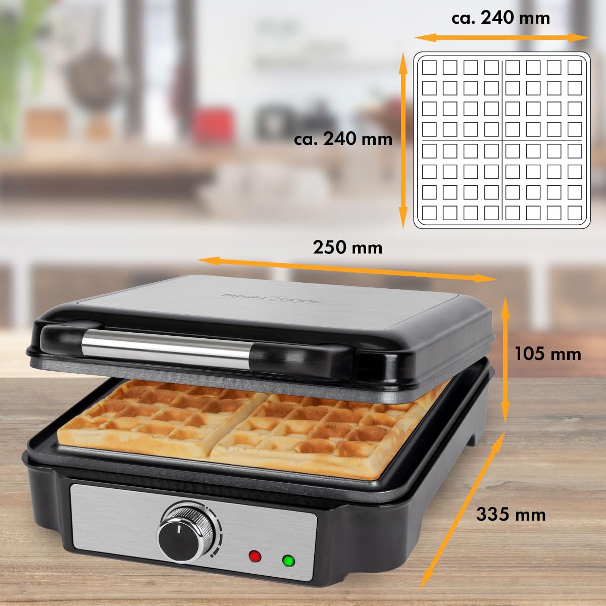 ProfiCook® PC-WA 1241 - Piastra per waffle belghe con 4 superfici di cottura, piastra per waffle belga, superficie di cottura antiaderente | grado di doratura regolabile | acciaio inox | 1200 Watt |