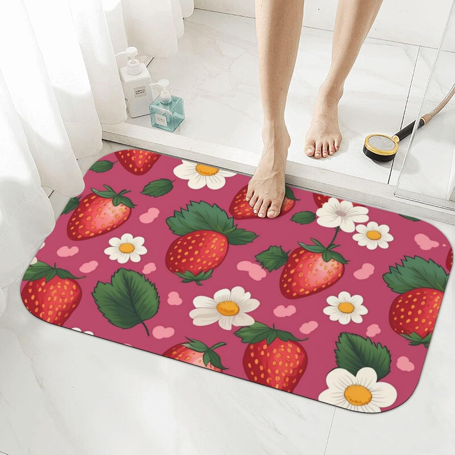 Stone Bath Mats Pink Strawberry Diatomaceous Earth Bath Mat Super Absorbent Bathroom Floor Mat Quick Drying Diatomite Shower Mat for Shower Bathtub Bathroom Accessory 19.7x31.5in