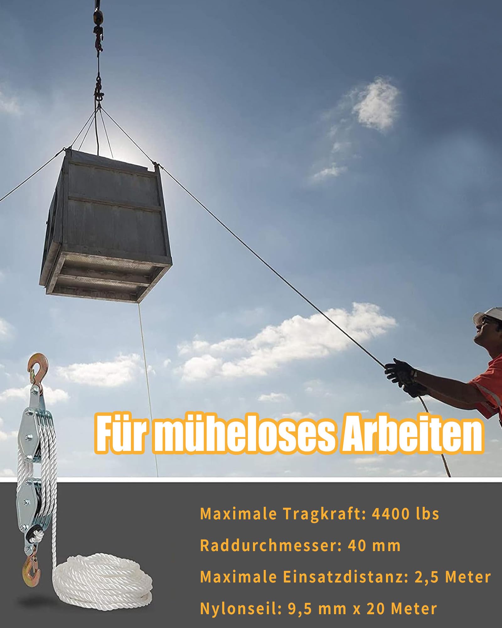 Schwerlast Flaschenzug mit 20m Nylon: Flaschenzug 4400 LB Tragkraft Manuelle Hubseile 8:1 Arbeitssparender Flaschenzug Hochleistungs-Seilzug für Garagen Lagerhallen (1, silber)