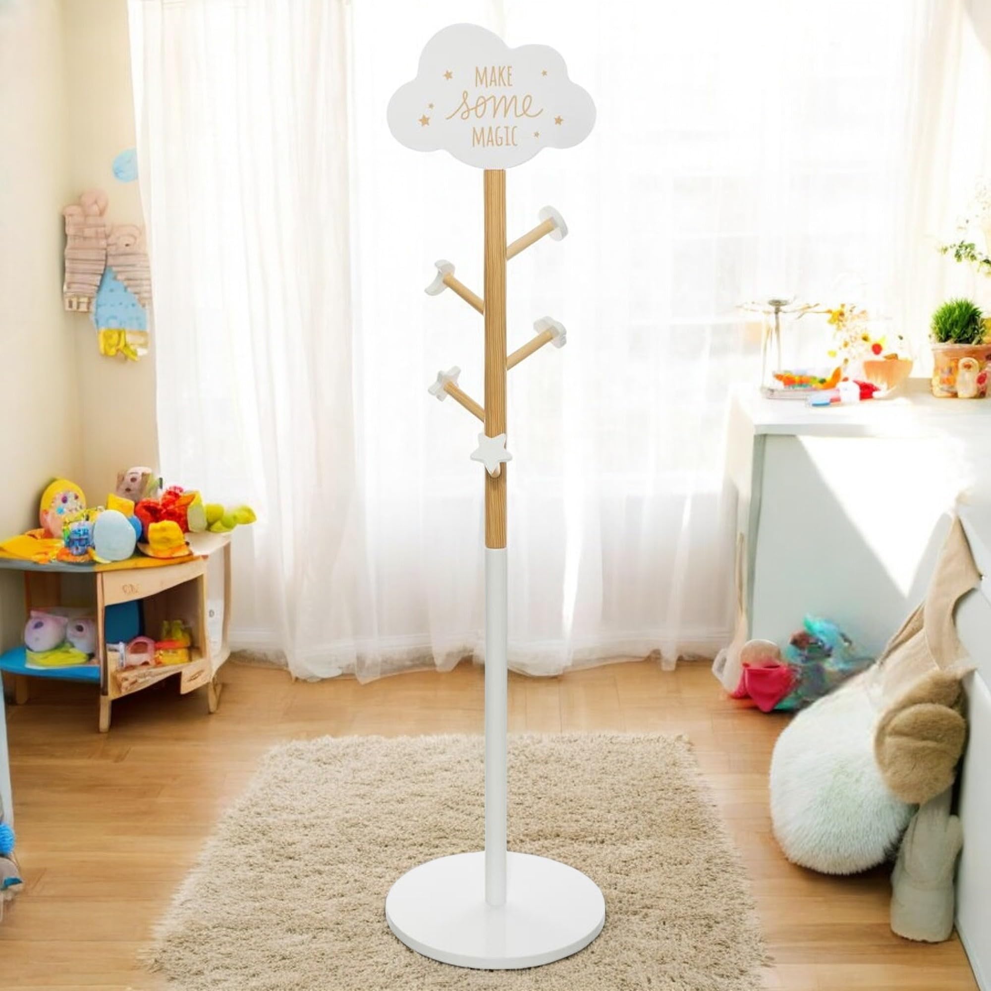 Perchero Infantil de Madera, 5 ganchos, con decoración de Nube, en Blanco, D.35 x H.135,5 cm