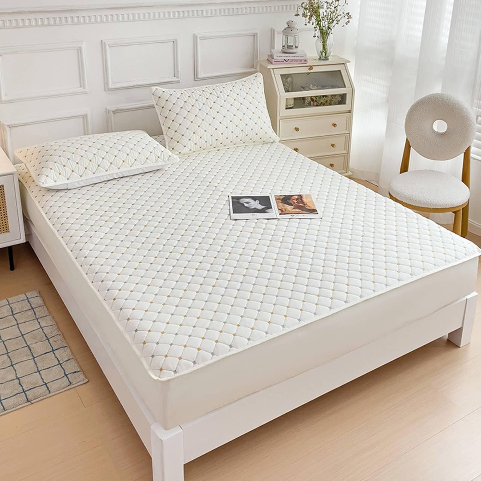 Gualiy Fitted Sheet King, Solid Color with Geometric Pattern Bottom Bed Sheet Cotton Fitted Sheet 160x200cm (White)