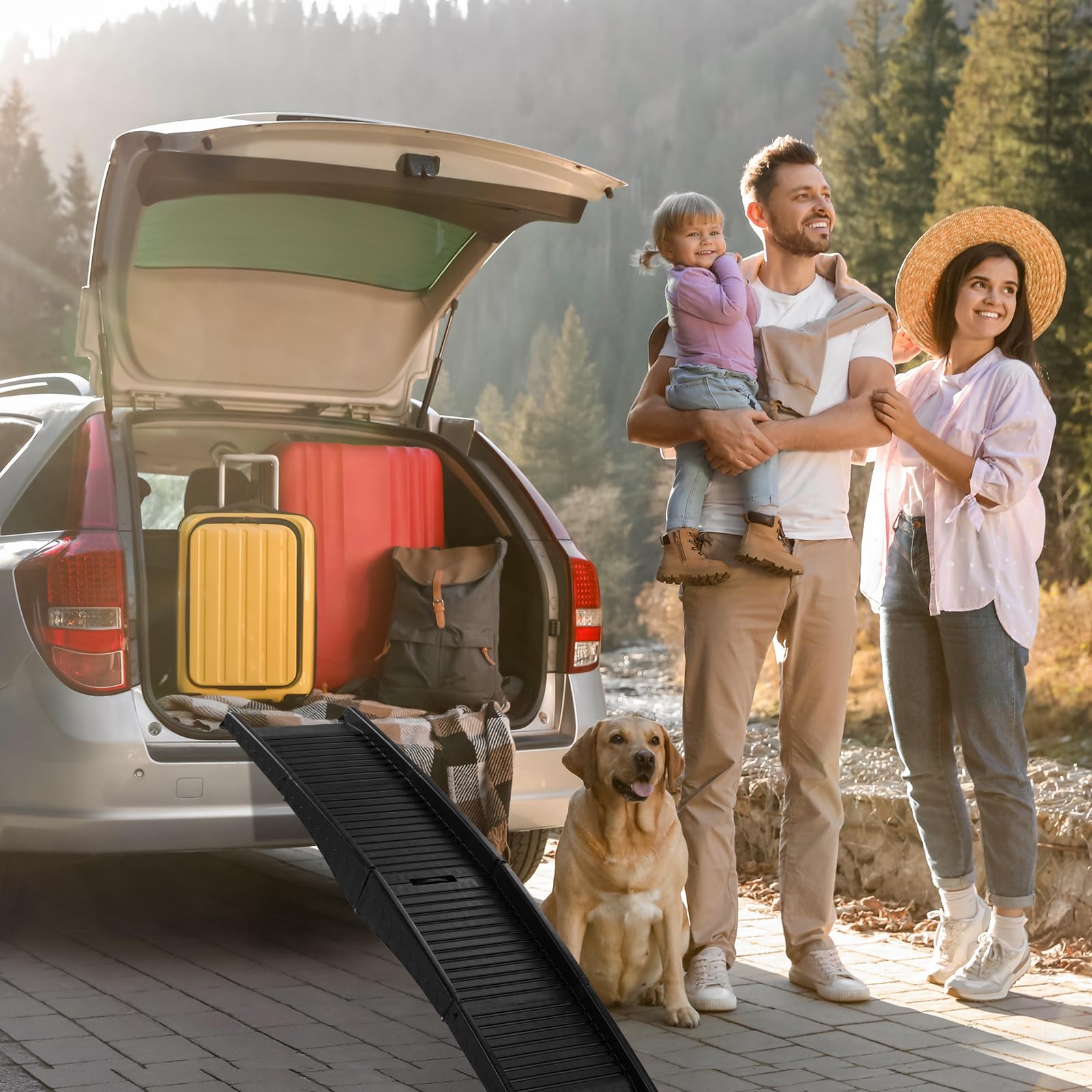Bonnlo 150cm Nonslip Folding Dog Ramp, Tri-Fold Portable Lightweight Pet Ramp for Cars, Trucks and SUVs，Weight Bearing up to 110 Lbs
