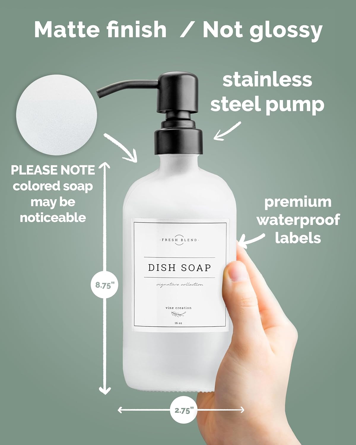 Vine Creations White Glass Soap Dispenser, 2 Pack Kitchen Soap Dispenser Set with Stainless Steel Pump, 16 oz Dish Soap and Hand Soap Dispensers for Bathroom with Waterproof Labels