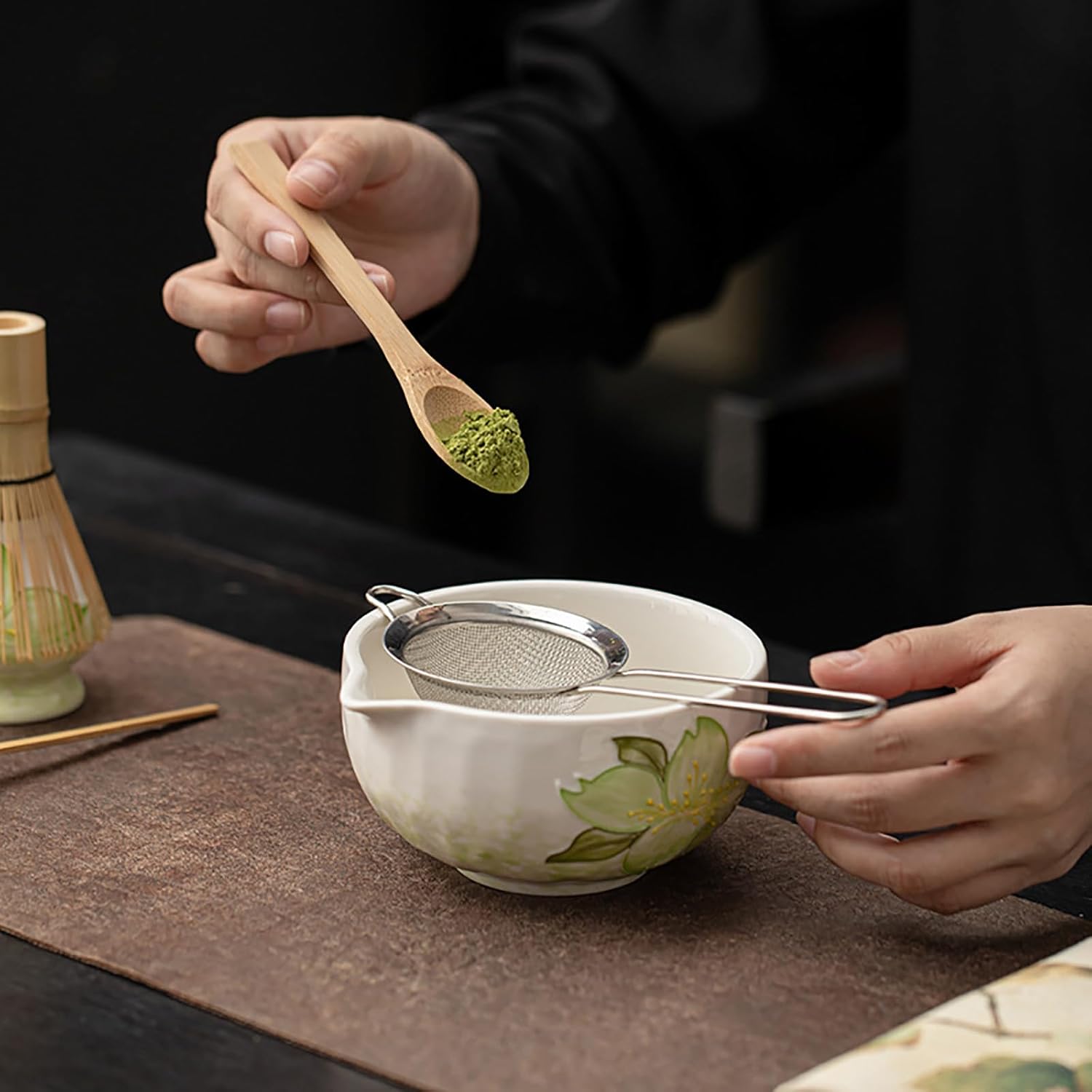 Hand-Painted Matcha Whisk Set, 8-Piece 3D Art Ceremony Kit with Unique Bowl, Bamboo Whisk, Sifter & Scoop for Exquisite Japanese Tea Making (Flower Pattern 2)