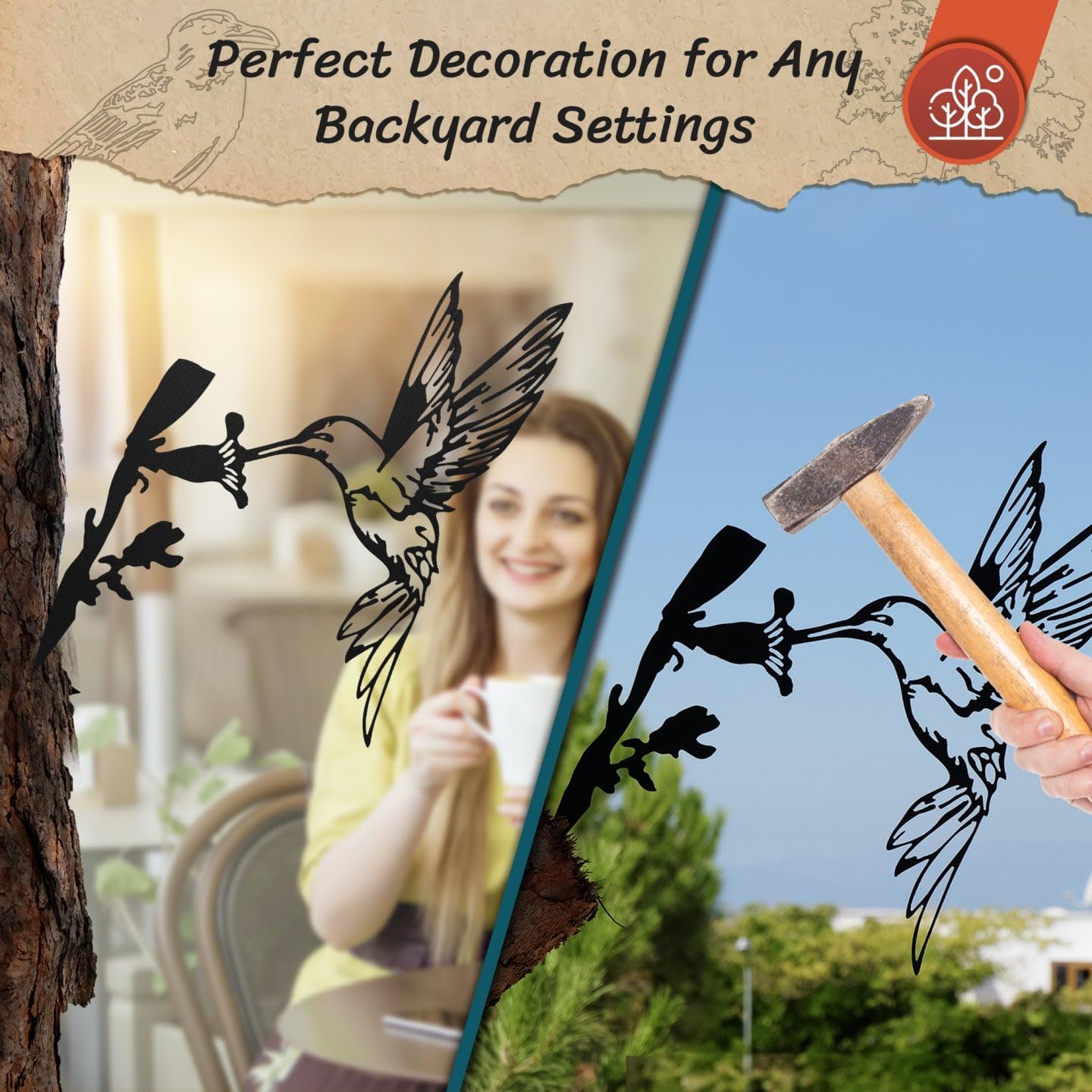 Renovatio Metal Bird Decor, Hummingbird Gifts for Mom Enchanting Hummingbird Decoration, Metal Wall Art, Outdoor Tree Ornaments – A Unique Garden & Yard Decor (Black)