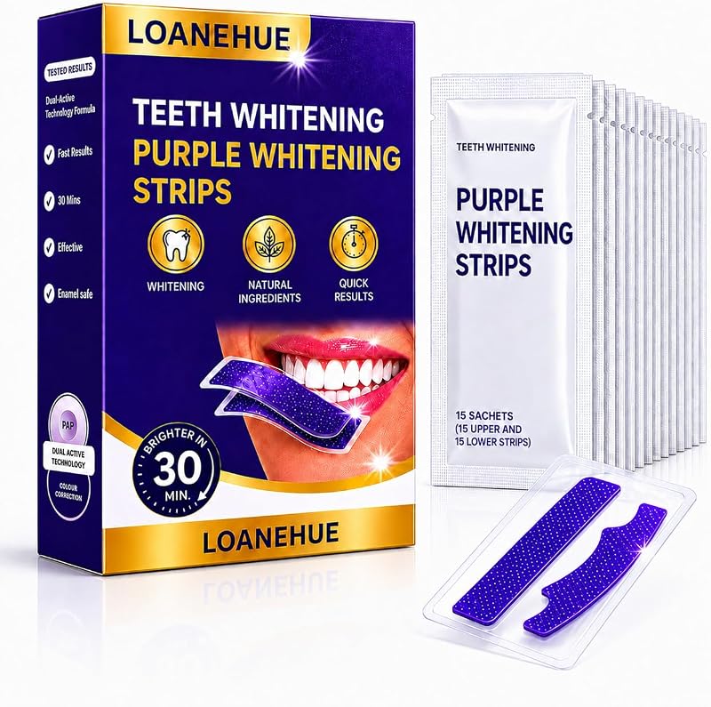 Teeth Whitening Strips – 30 Purple Whitening Strips(15 Uses), Quick 30-Minute Results, Gentle Formula, Removes Yellow Stains & Bad Breat, Professional At-Home Teeth Whitener,