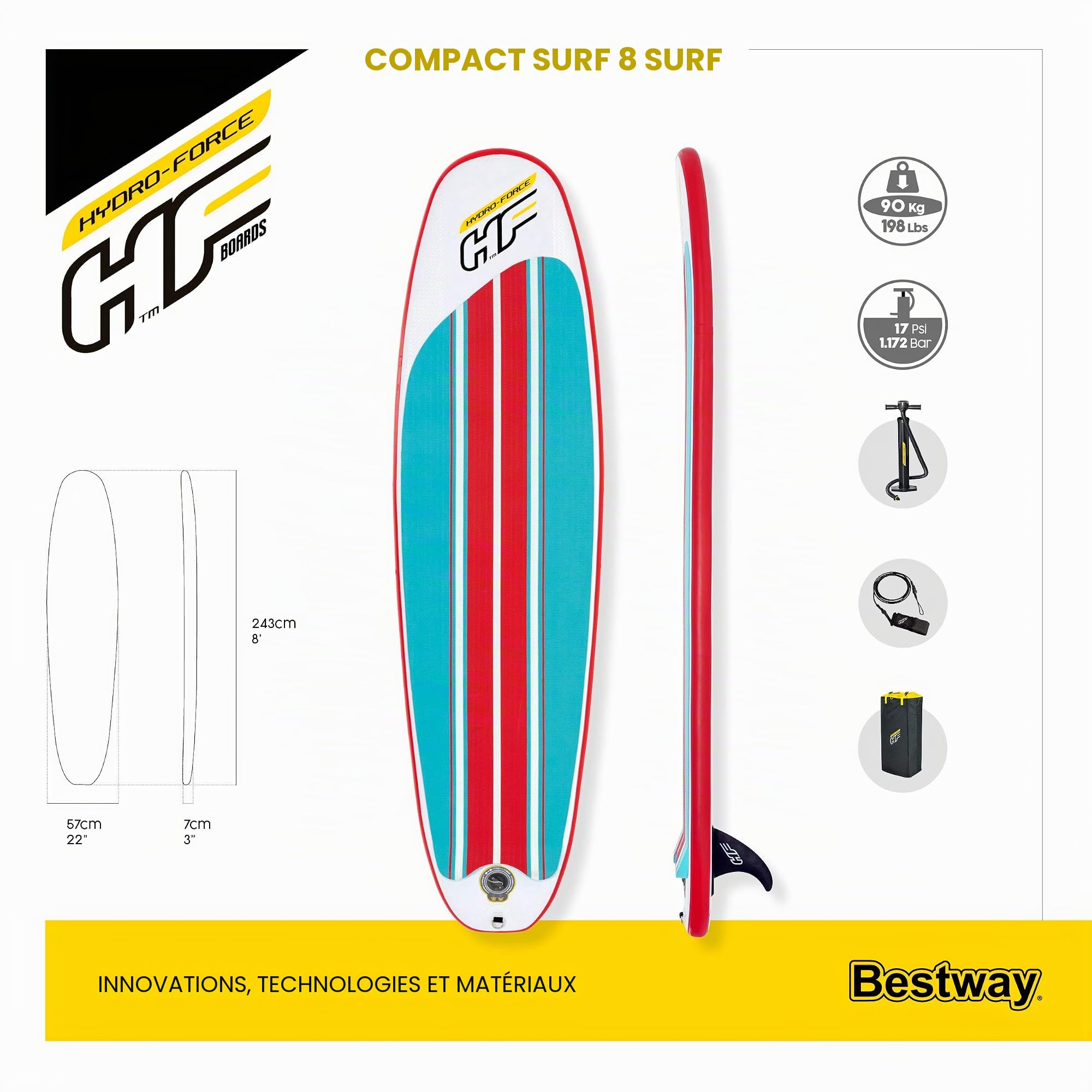 Bestway SUP gonflable Hydro Force Compact Surf 8 243x57x7 cm