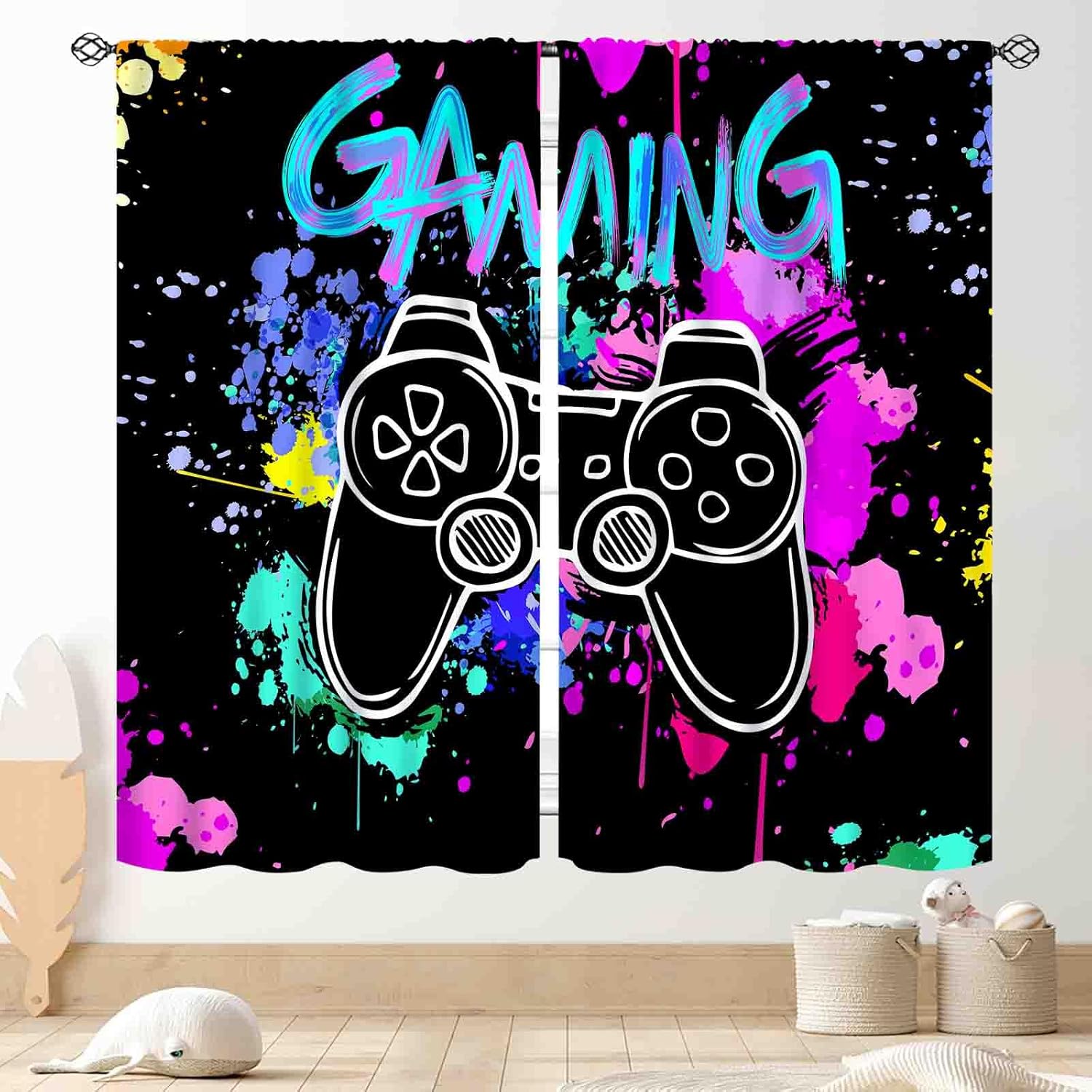 Gaming Curtains, Colorful Graffiti Game Controller Gamer Window Drapes, 63"x72" Inch, 2 Panels, Polyester, Rod Pocket, Light-Filtering, Kid Room, Living Room