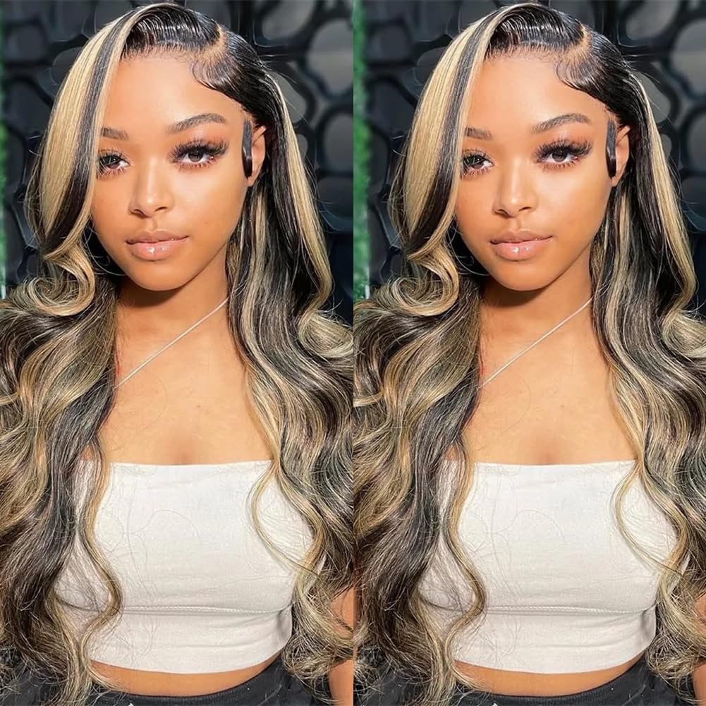 QUANDIAN 13x6 Body Wave Lace Front Wigs Human Hair 180% Density 13x6 HD Lace Front Wigs Human Hair 22Inch Highlight Balayage Wig FB/27 Glueless Wigs