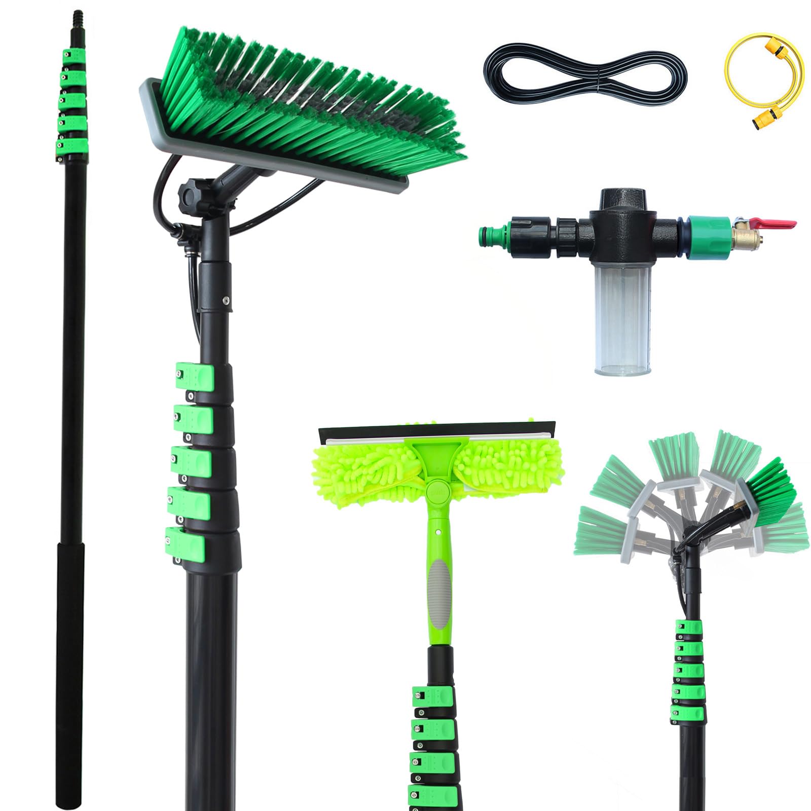 YFSMBD Window Cleaning Brush, 7.2M Telescopic Pole Washing Kit, with Water-fed Brush, Squeegee, Soap Dispenser & 12m Hose,Water Fed Window Cleaning Pole Aluminium,Cleaner for Solar Panels, Roofs, Cars