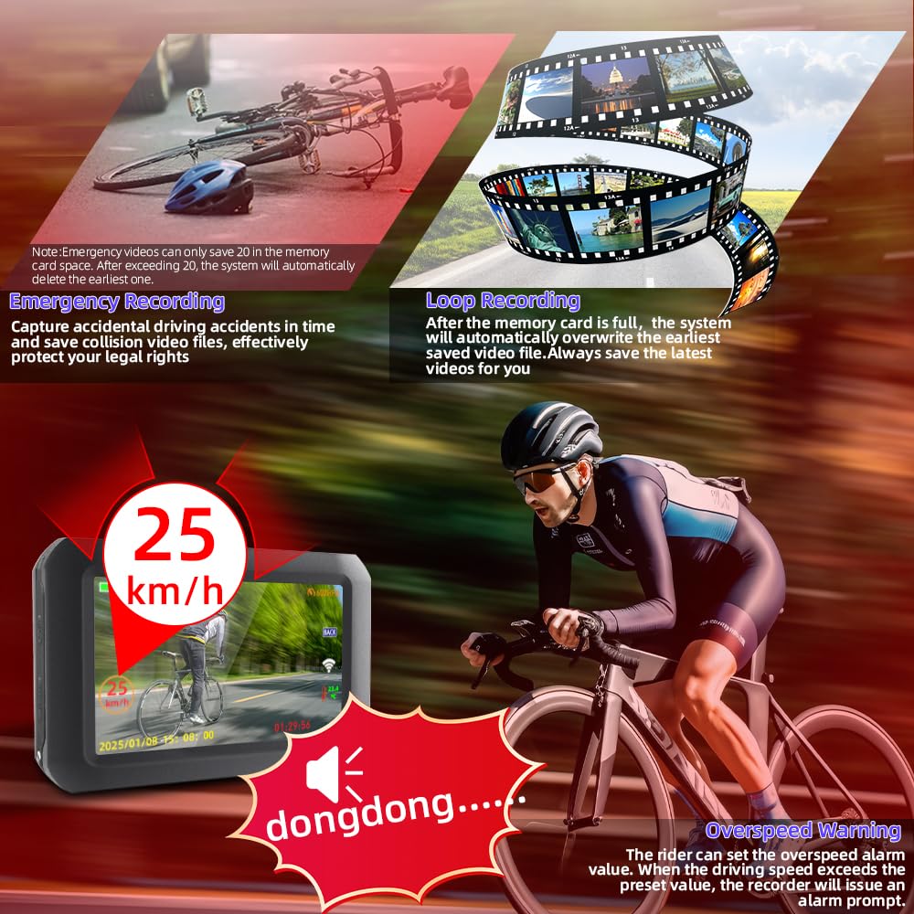 VSYSTO Fahrrad Kamera, WiFi GPS 4 Zoll Bildschirm 1080P Selfie und Hinterkamera Fahrrad Spiegel Dash Kamera, asistierter Fahrmodus, verdrahteter Controller, Temperatur und Kalorienanzeige (F3)