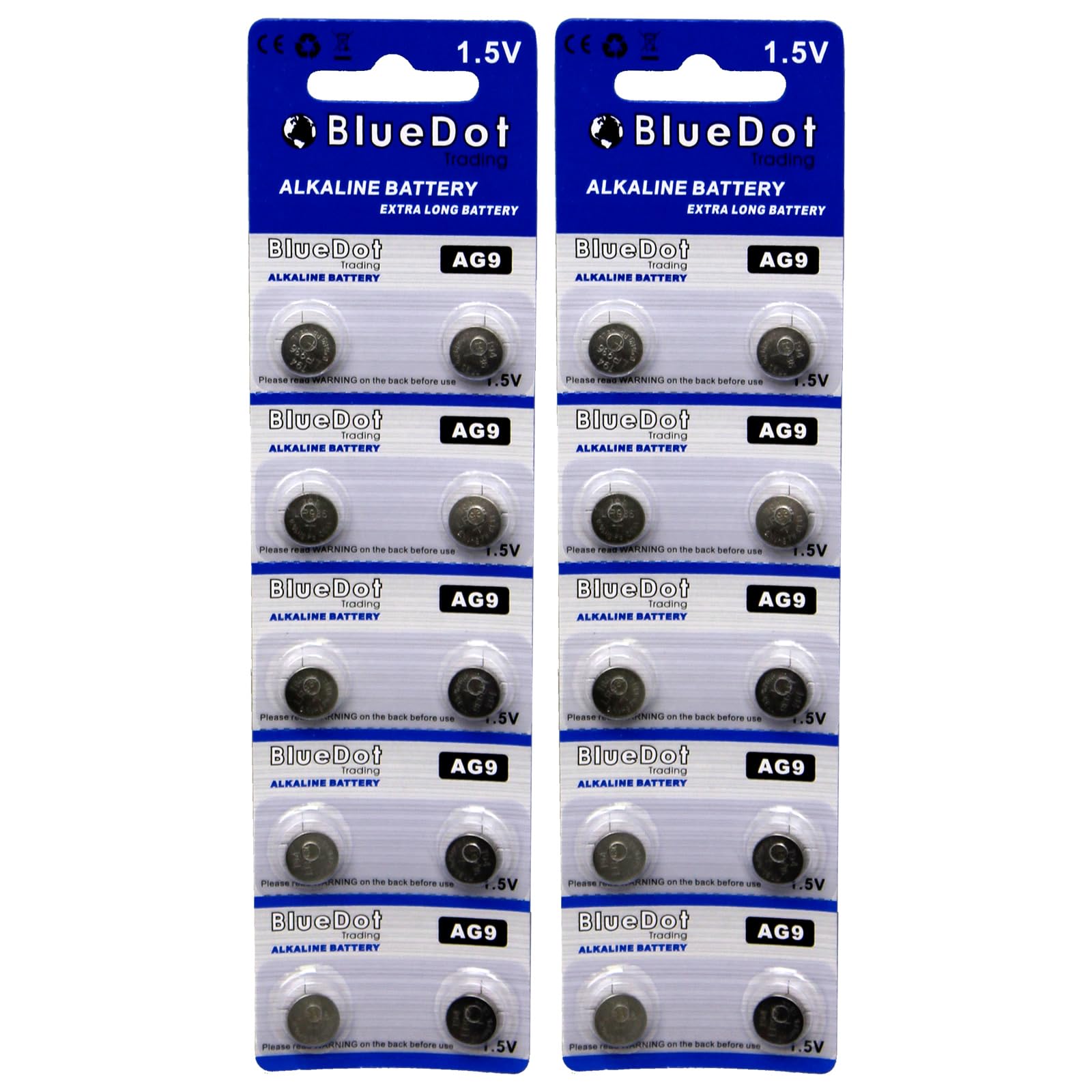 BlueDot Trading Batterie alcaline a bottone AG9, SR45, SG9, LR45, ideali per apparecchi acustici, orologi, calcolatrici, termometri e altro ancora, quantità 20 pezzi