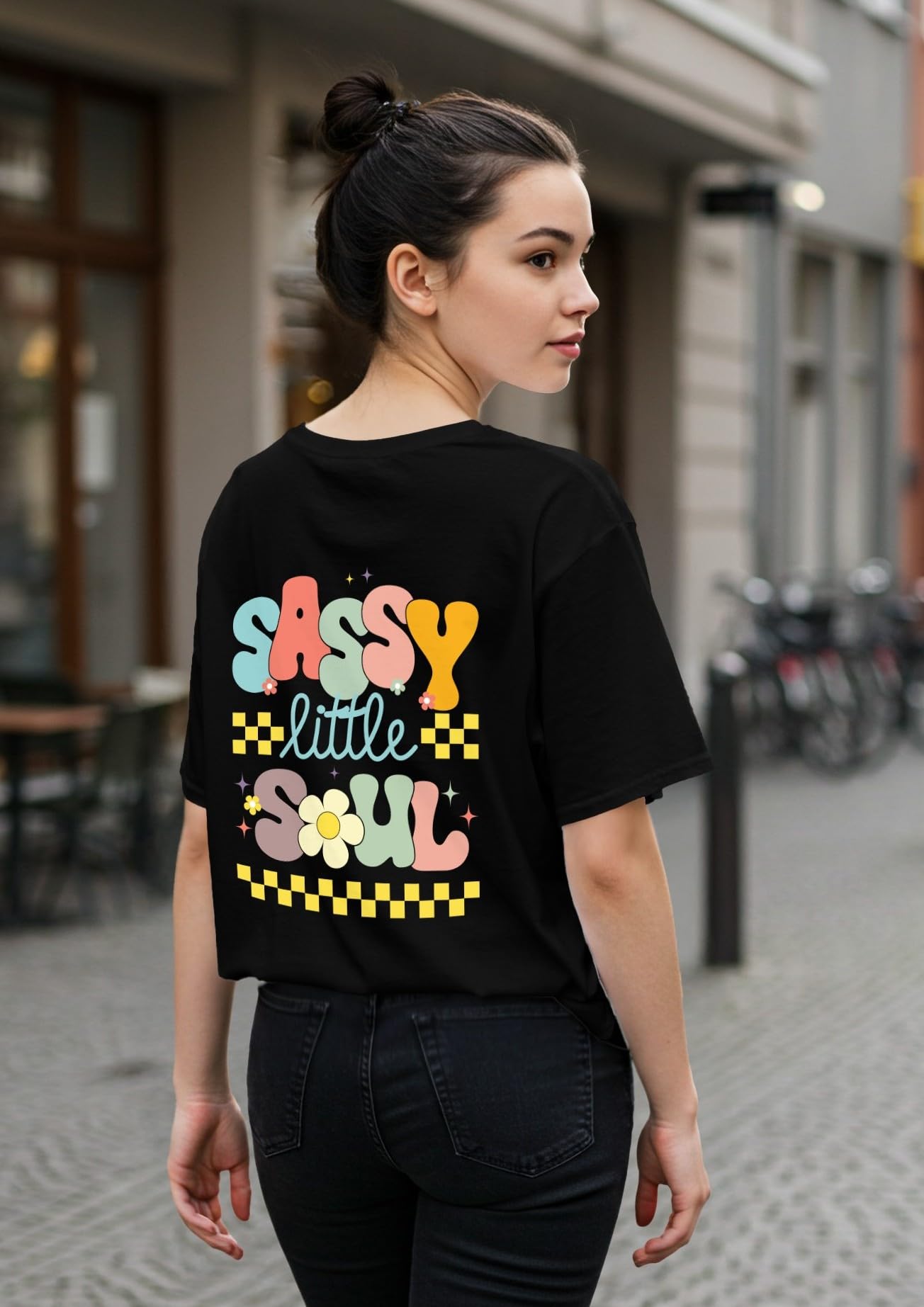 Dagcros Sassy Little Soul, maglietta oversize per ragazze, maglietta nera con stampa funky con stile grafico retrò