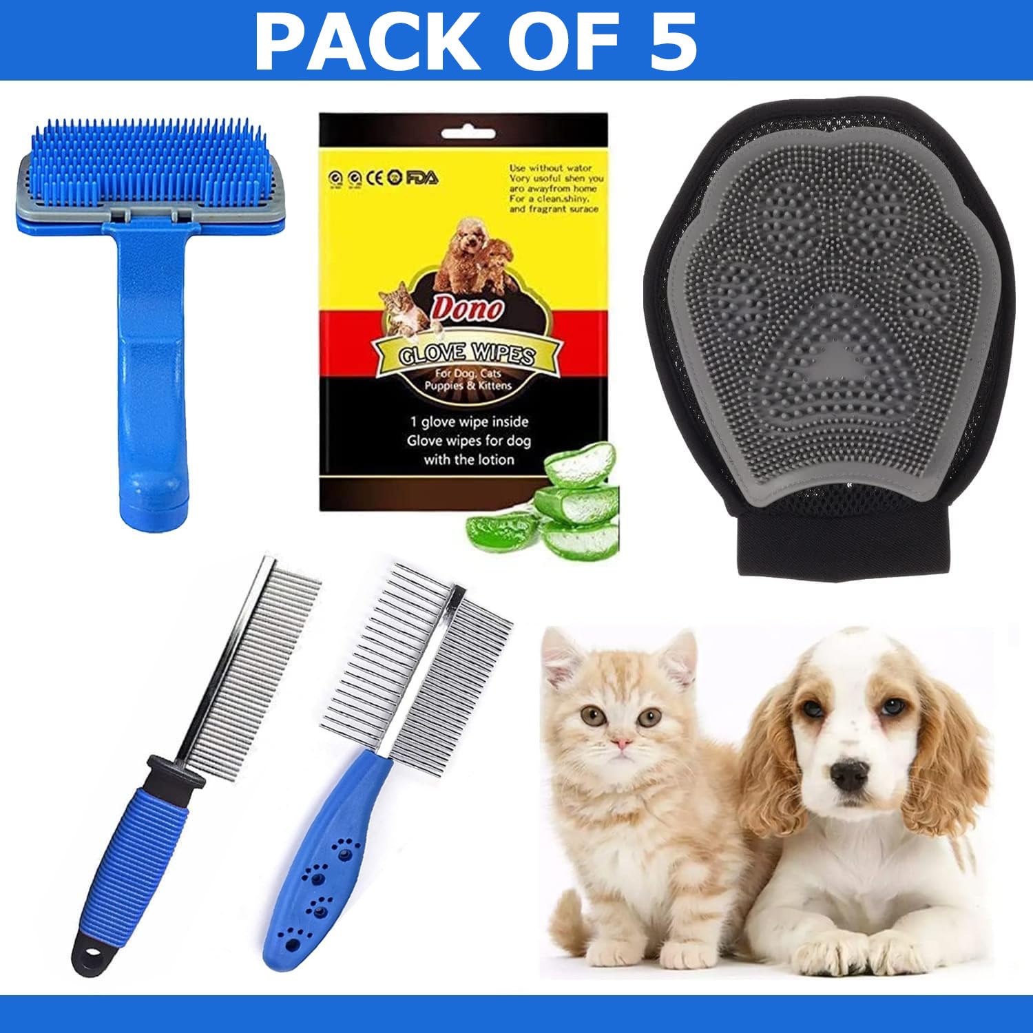 cature Care by Nature Cature 5-In-1 Pet Grooming Combo Pet Wipes Gloves And Pet Bath Grooming Gloves,Pet Comb Pet Slicker Brush For Puppy Cat And Kitten (Multi Color, Pack 5)
