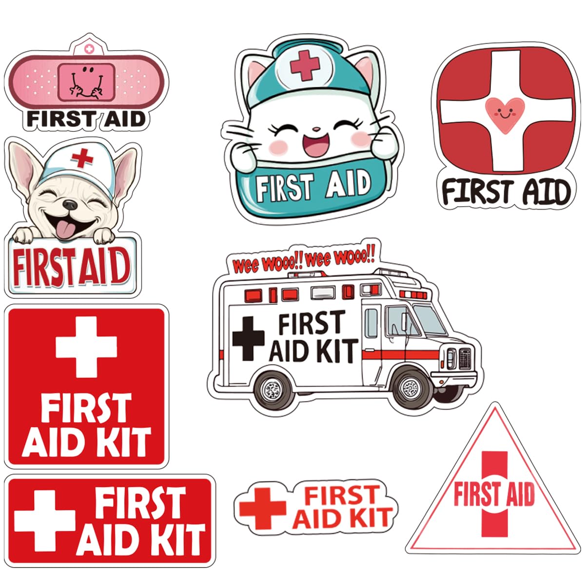 First Aid Sticker Decal Set | Self-Adhesive Vinyl Decals | 1st Aid Emergency Box Package | 9 Designs, 16 Pieces