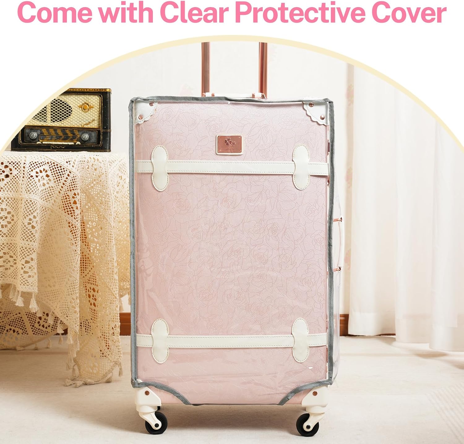 urecity Vintage Suitcase Set for Women, Vintage Luggage Sets for Women 2 Piece, Cute Designer Trunk Luggage, Retro Suit Case, Luggage Zipperless TSA Approved, Elegant Pink, 20"+12"