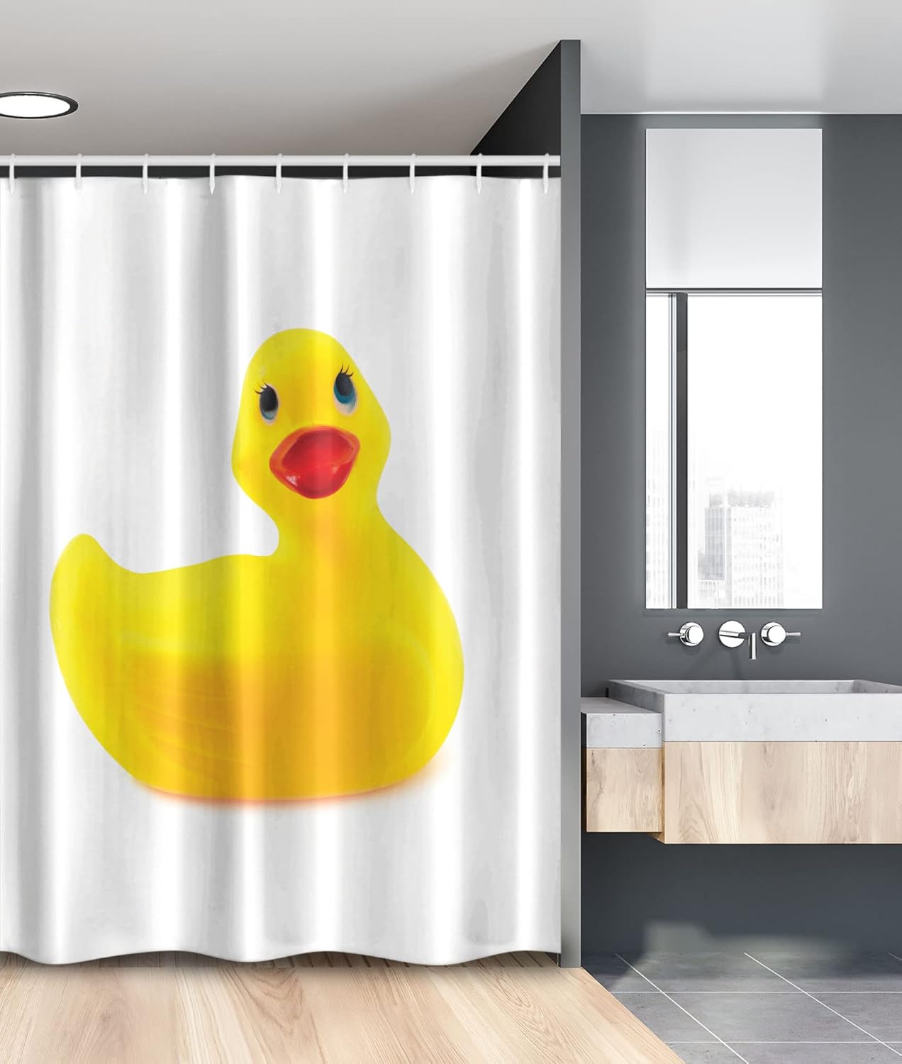 Ambesonne Rubber Duck Stall Shower Curtain, Yellow Squeak Ducky Toy Fun Bubble Bath Animal Room Duckling Print, Fabric Bathroom Decor Set with Hooks, 54" W x 78" L, White and Yellow