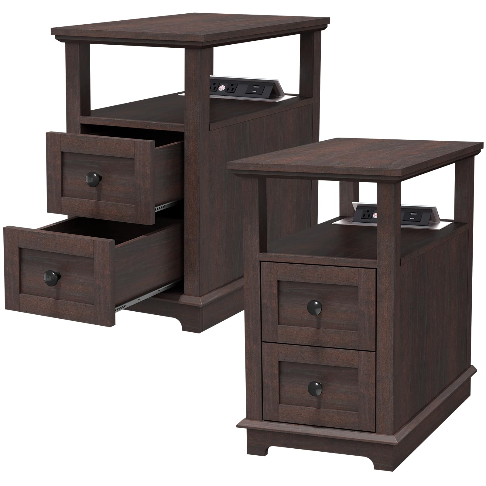 HIFYOBRO Narrow End Table with Flip Top Charging Station Set of 2, Side Table with 2 Drawers, Type-C & USB Port & Power outlets, Wooden Storage