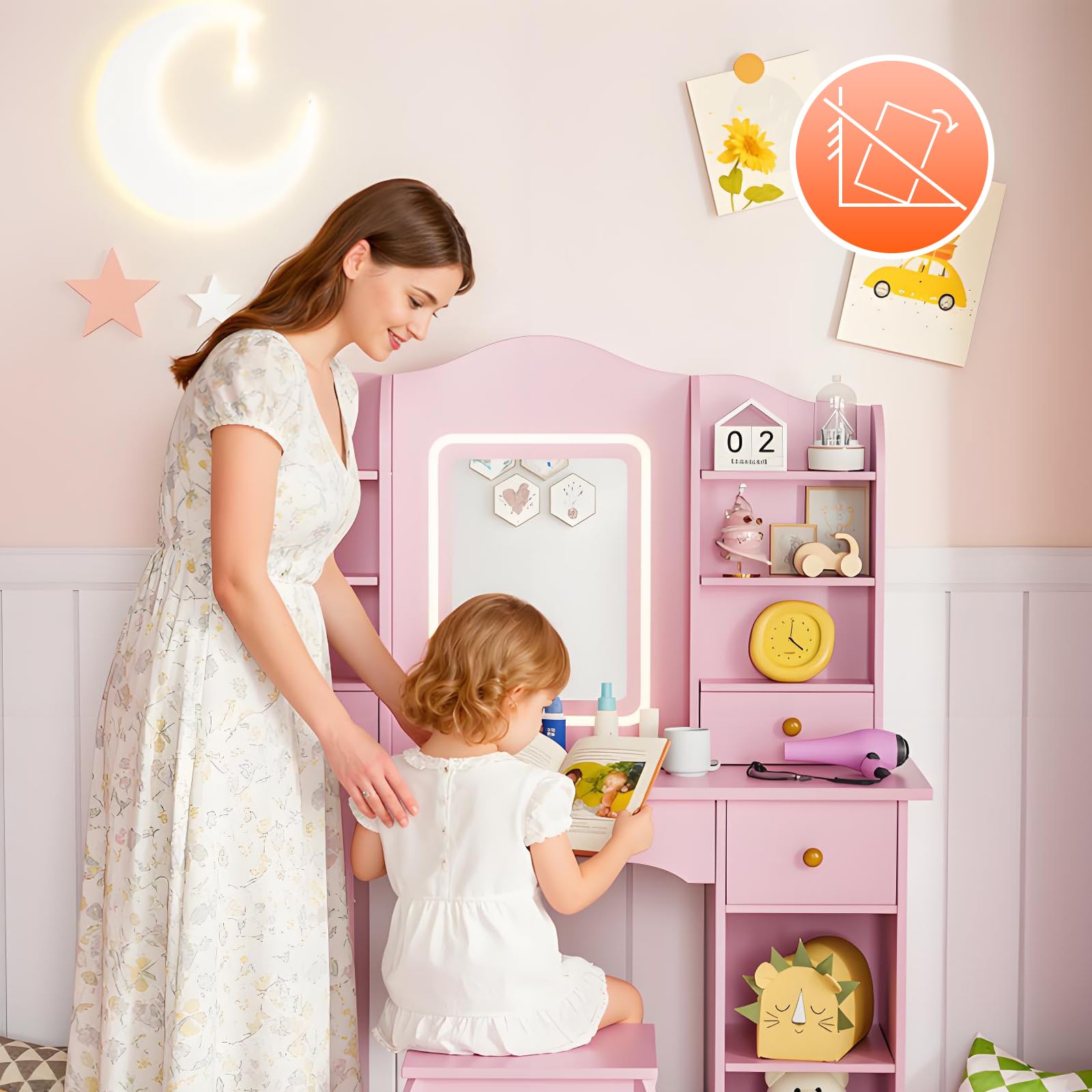 MAMIZO Schminktisch Kinder mit LED Beleuchtung, Kinderschminktisch mit Spiegel, Schreibtisch mit Hocker, 5 Schubladen und 10 Fächer, Prinzessin Frisiertisch, Schminktisch Mädchen ab 3, Rosa