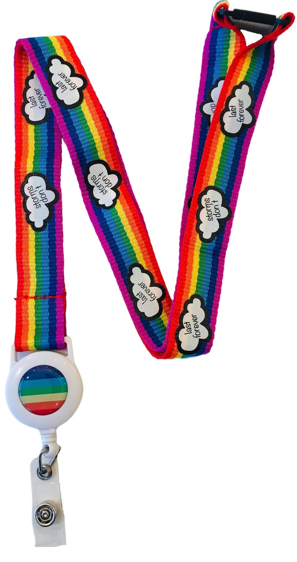 20mm Rainbow Lanyard with Safety Breakaway - Storms Dont Last Forever Print & Integrated Retractable ID Badge Reel