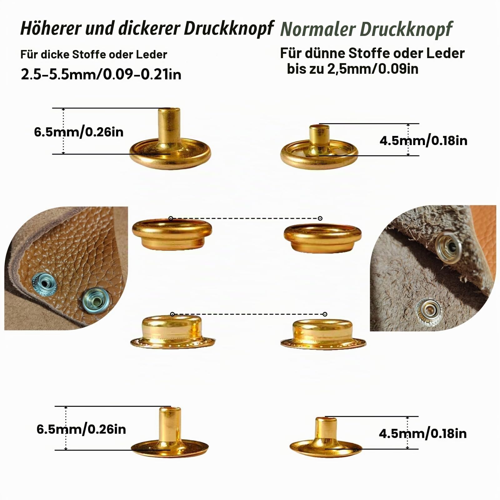 SUNAROC 160 Sätze Druckknöpfe 15mm Kombi-Set – 80 Standard für dünne Stoffe + 80 Verstärkt für dickes Leder – Inkl. Spezial-Werkzeug für Jeans, Jacken & Taschen