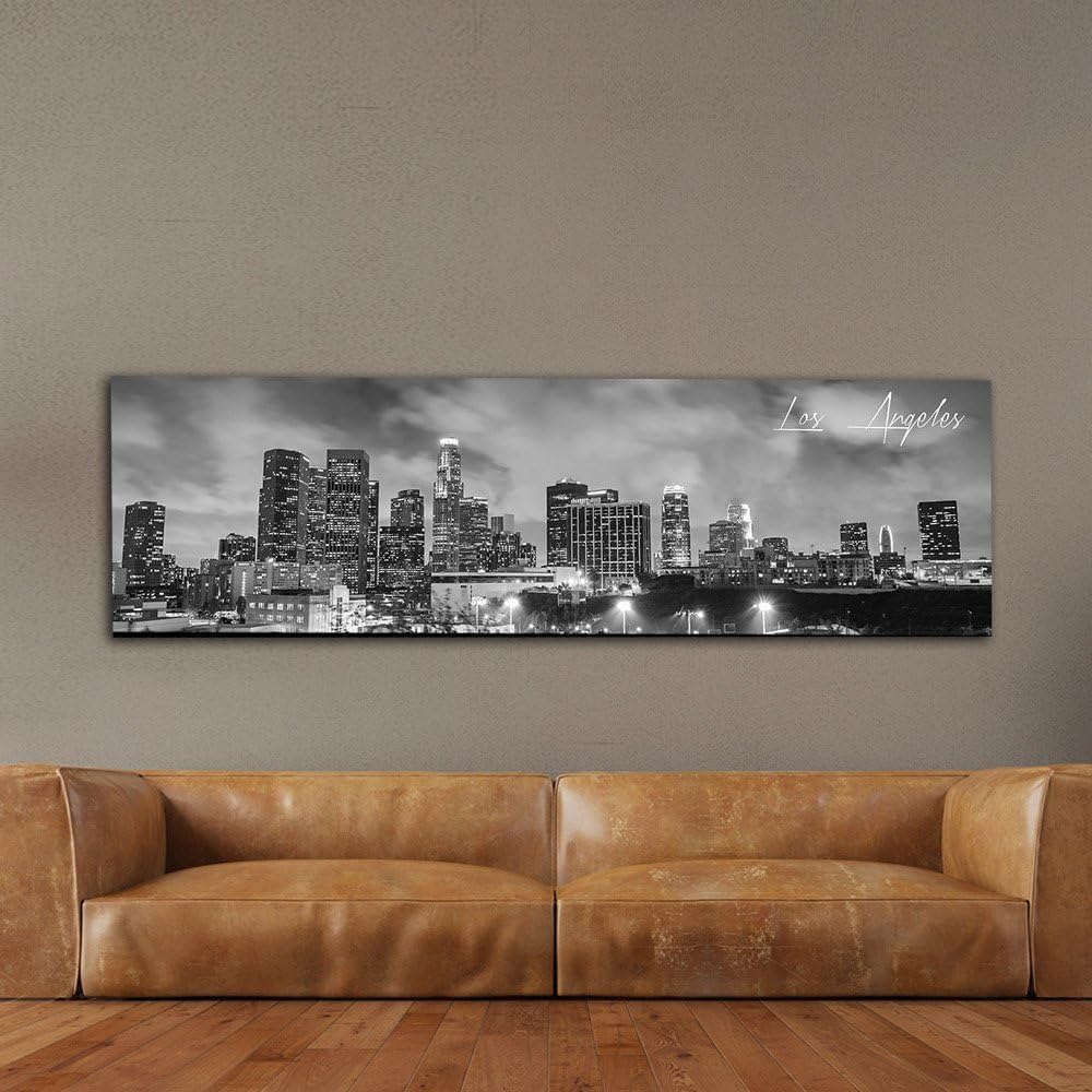 WallsThatSpeak Panoramic Los Angeles Cityscape Picture, Black and White Stretched Canvas Art Prints, Wall Decoration for Bedroom or Office, Framed and Ready to Hang, 14” x 48”