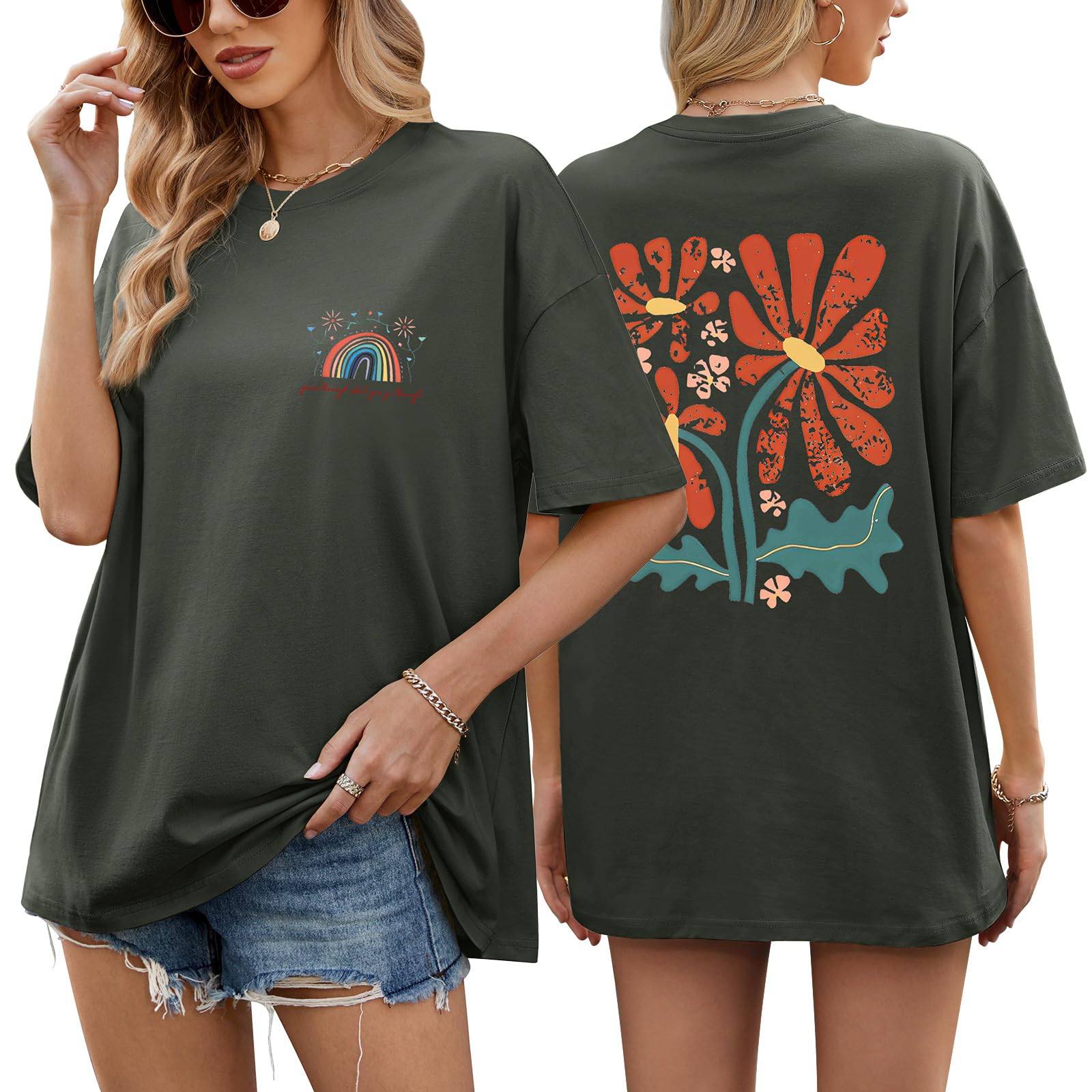 heekpek Oversize Tshirt Damen Baumwolle Rundhals Kurzarm T-Shirt Locker Atmungsaktives Sommeroberteile Lässige Basic T Shirt für Teenager Mädchen mit Regenbogen und Blumendruck