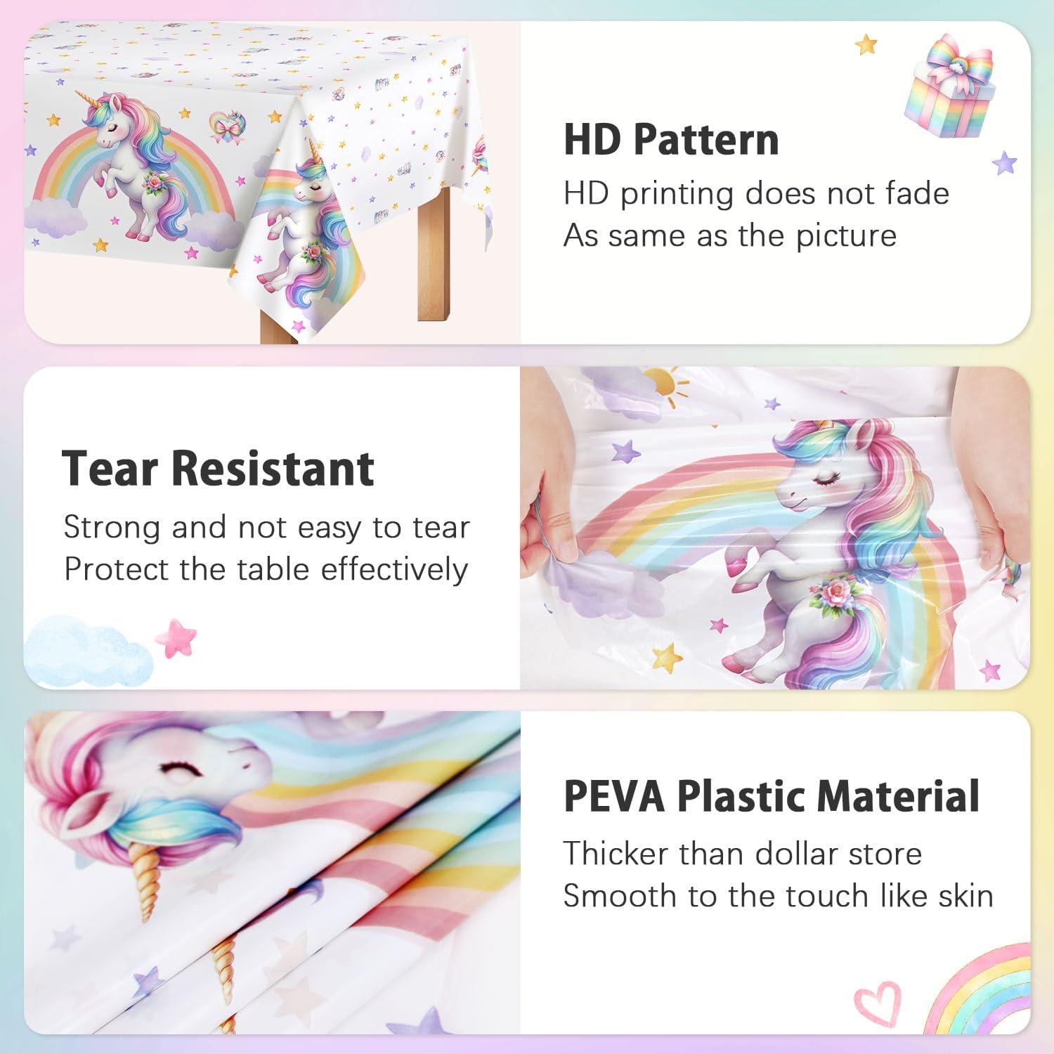 3Pcs Unicorn Birthday Decorations Tablecloths, Unicorn Table Cloths Pastel Rainbow Table Decorations for Girls Happy Birthday Rectangle 54 x 108 Inch