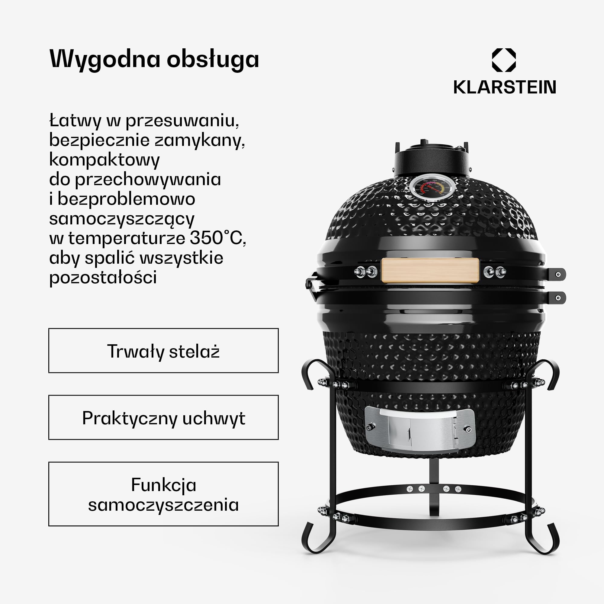 Klarstein Princesize grill Kamado, ceramiczny grill na węgiel drzewny, z pokrywką, ceramika, dobre magazynowanie ciepła, termometr wewnętrzny, drewniany uchwyt, zdejmowany stelaż, czarny