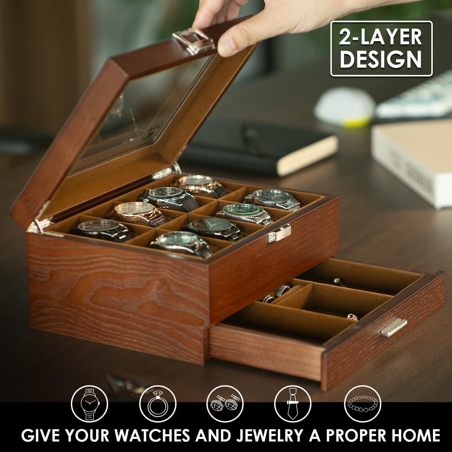 Slege Porta Orologi in Legno a 8 Posti,Scatola Portaorologi a 2 Livelli,Fatto Mano Elegante Scatola per Orologi,Coperchio in Vetro,Fodera Morbida,Cuscini Rimovibili,Regalo per Uomini e Donne,Watch Box