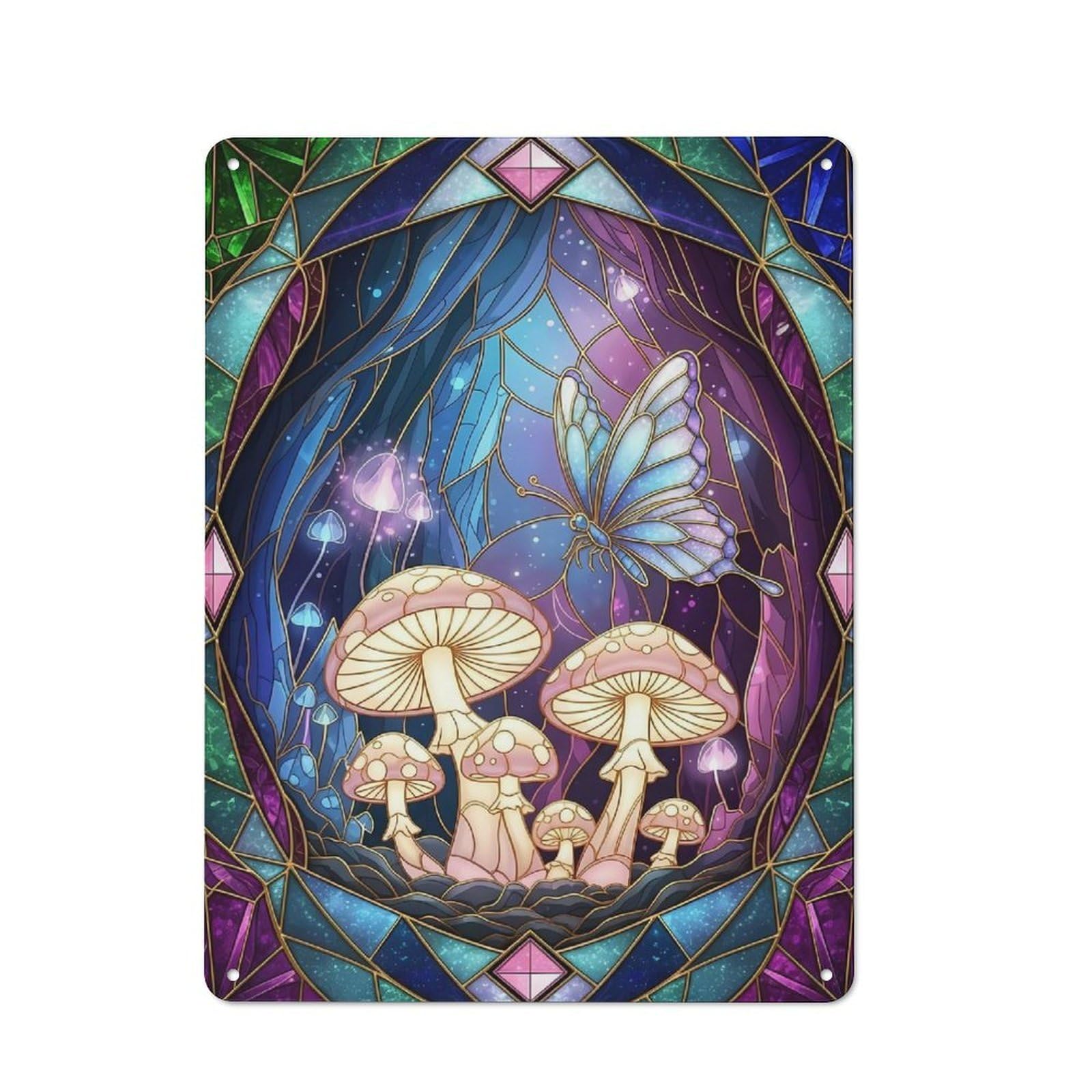 Stained Glass Butterfly And Mushrooms Retro Metal Wall Decor 40x30cm, Vintage Metal Sign for Cafe, Pub, Workshop Or Home Bar