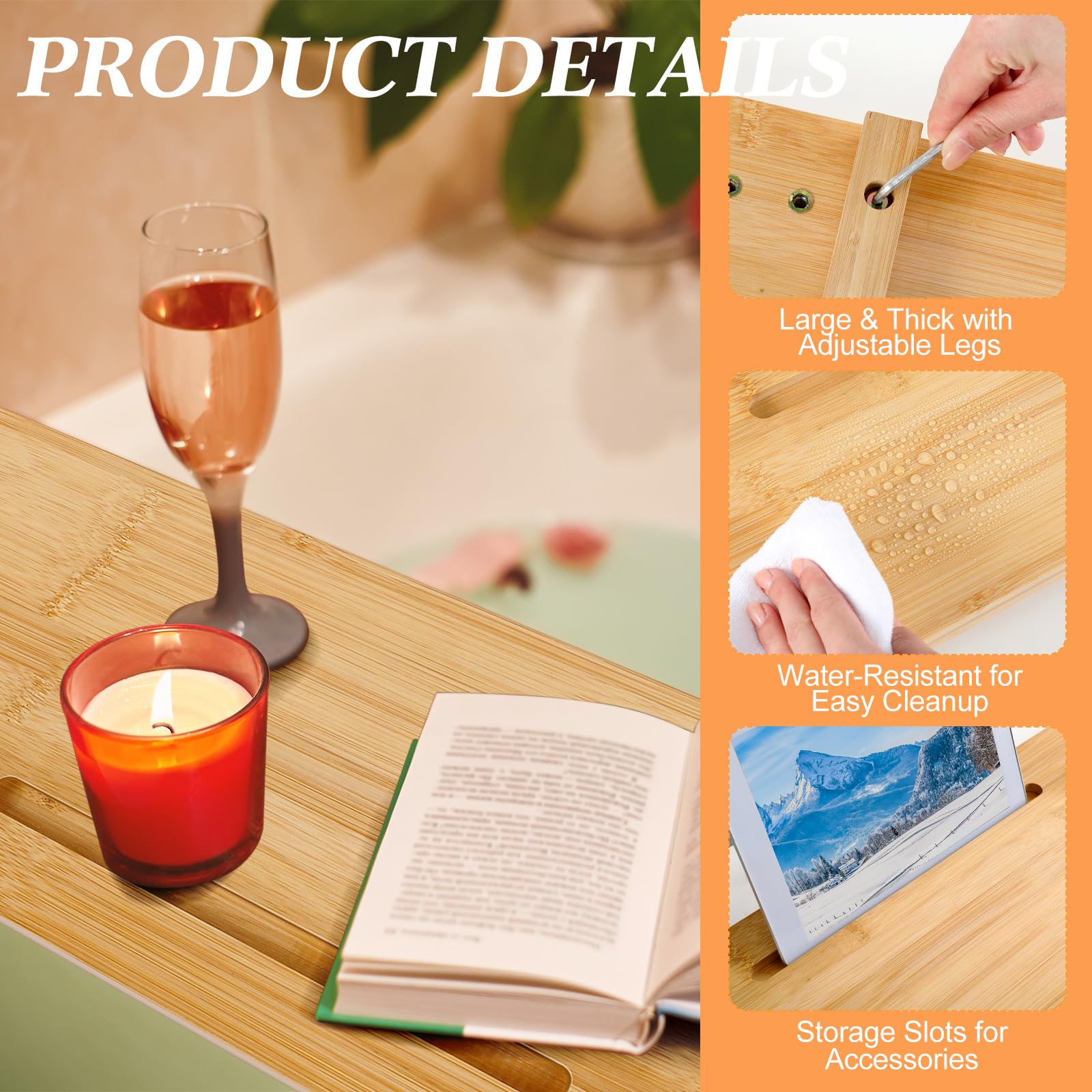 Wenqik Bandeja de bañera de madera de bambú para mesa grande, accesorios antivuelco para bañera, baño, spa