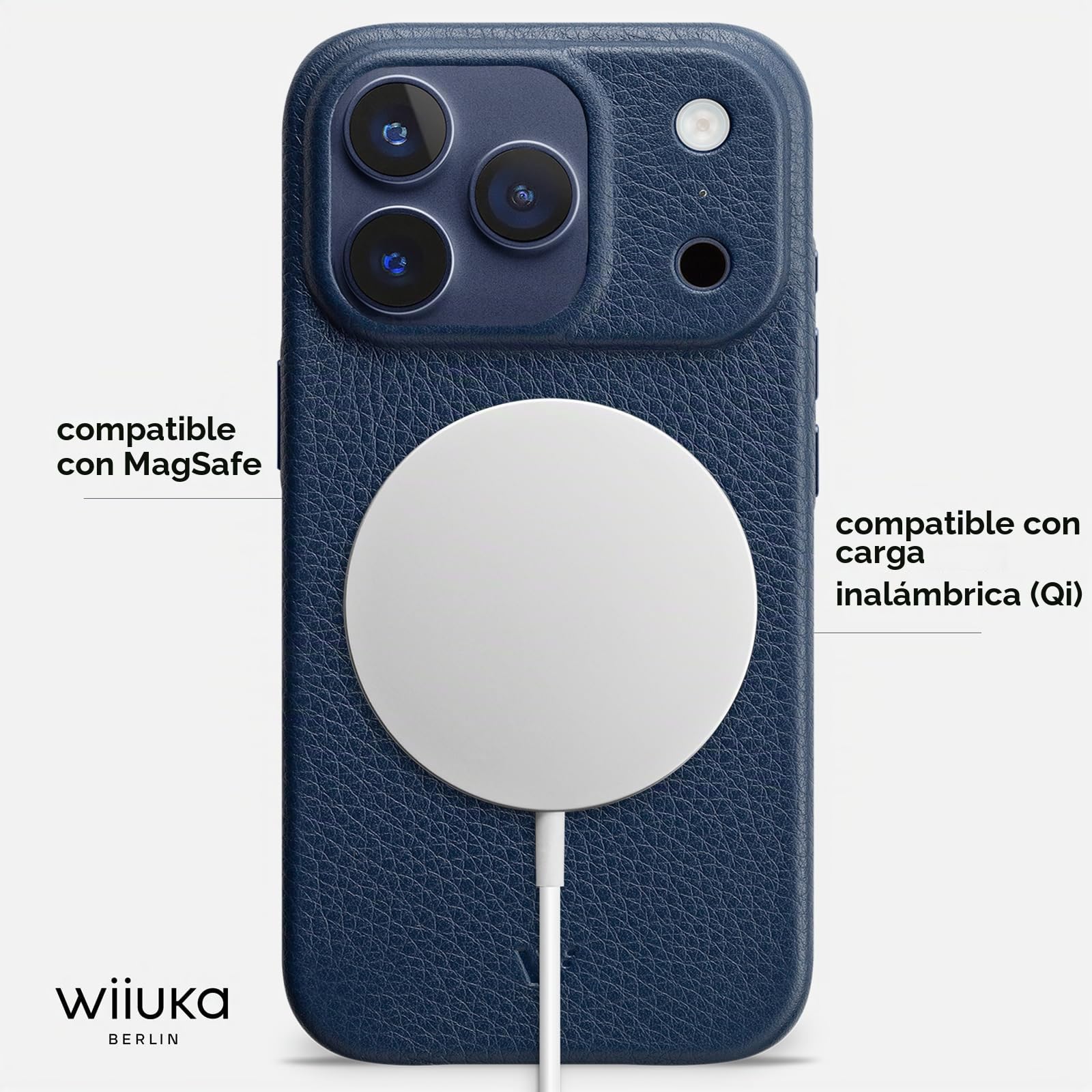 WIIUKA Funda para iPhone 17 Pro, piel de Alemania, funda de piel extrafina, funda premium para teléfono móvil, funda Qi, esquí, azul noche
