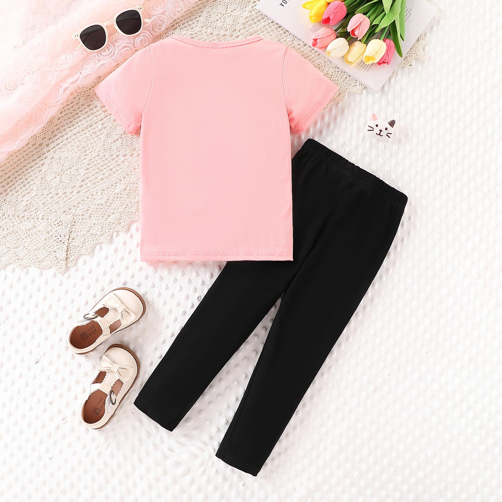 Conjunto de 2 piezas de ropa para niña pequeña de 4 a 8 años, con estampado de cara de gato, camiseta de manga corta y pantalones, para primavera y verano