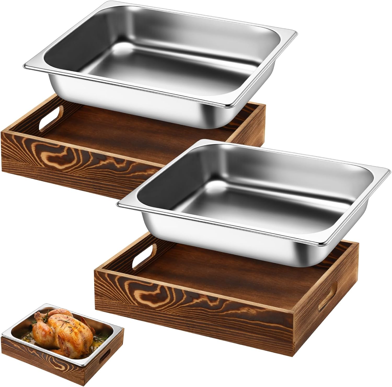 Sawysine 4 Pcs Wooden Pan Holder with Stainless Steel Bus Tub Wooden Serving Tray Reusable Baking Tin Food Dessert Cake Containers Catering Storage for Party Supplies Catering Cookware(Brown)