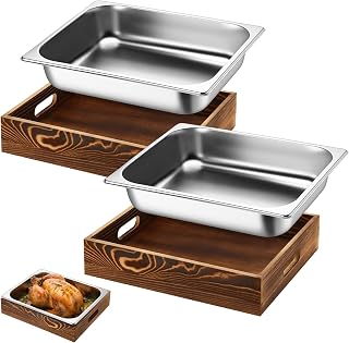 Sawysine 4 Pcs Wooden Pan Holder with Stainless Steel Bus Tub Wooden Serving Tray Reusable Baking Tin Food Dessert Cake Containers Catering Storage for Party Supplies and Catering Server Cookware