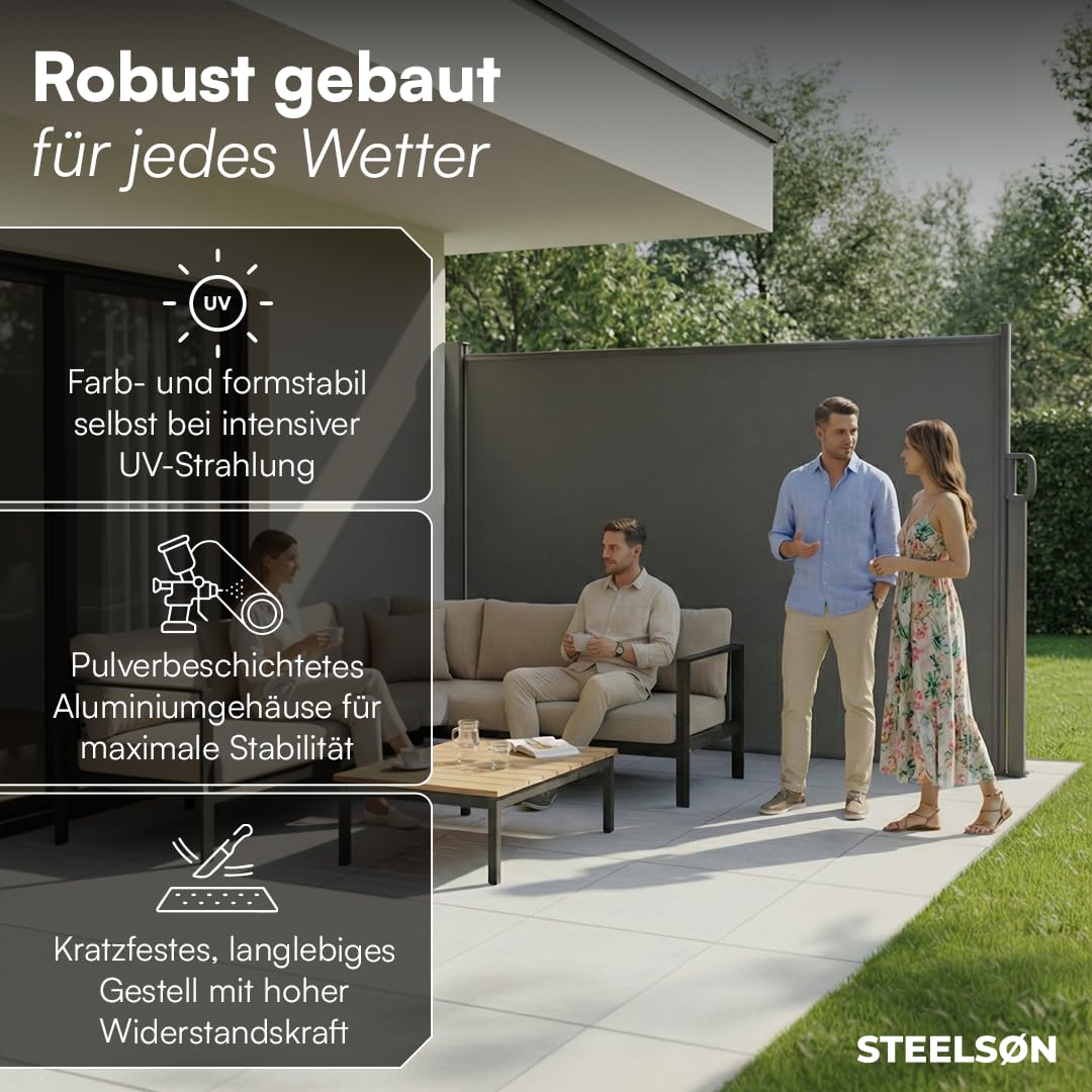 STEELSØN Zirella Seitenmarkise 200x485cm – Windschutz ausziehbar in Anthrazit – Markise wetterfest – Sichtschutz – Seitenrollo mit Wandhalterung – Sonnenschutz Blickdicht – Wandmarkise aus Aluminium