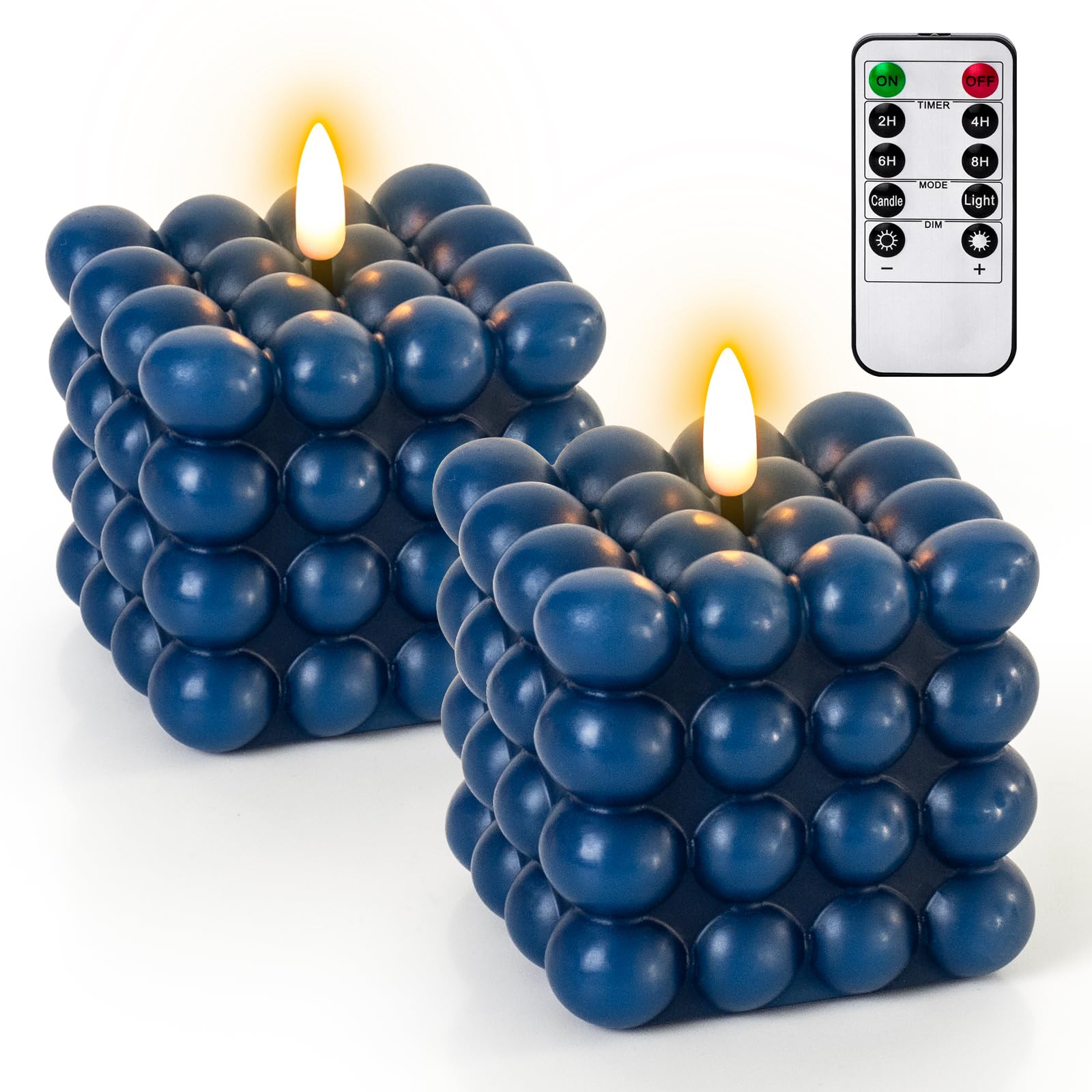 Flameless Bubble Candles with Remote, Blue Cube Real Wax Candles LED Battery Operated Candles Warm Light 3D Wick Flickering for Home Party Wedding Decor (Set of 2)