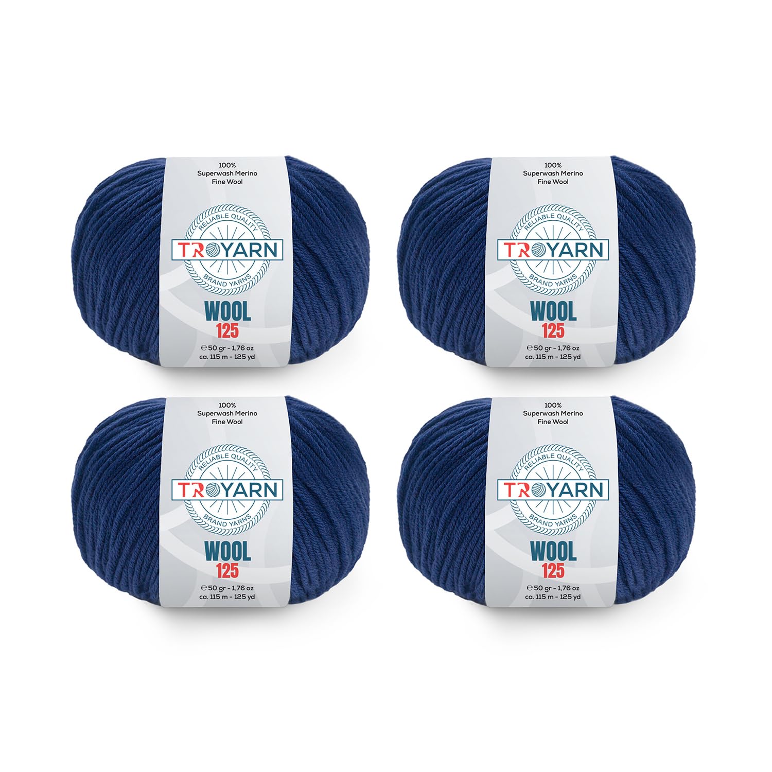 Troyarn Wolle 125 (4 Knäuel-Packung), 100 % Superwash-Merino-Feinwolle, leichtes Kammgarn, #3, weiches Strick- und Häkelgarn zum Häkeln und Stricken, 4 x 50 g, 4 x 125 m, Marineblau