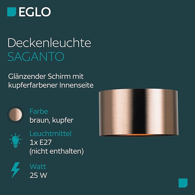 Eglo EGLO Saganto Plafondlamp, ronde plafondlamp in bruin en koper, met kunststof kap, decoratieve opbouwlamp voor woonkamer, hal, slaapkamer, E27-fitting, geschikt voor led photo 2