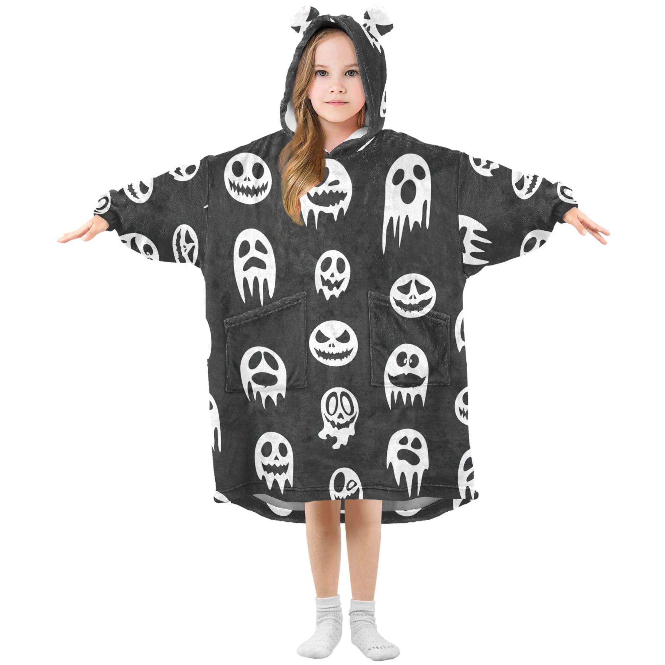 Sevdomey Ghost Faces Wearable Blankets for Kids Boy Girl, Hoodie Double-Layer Blanket Oversized Sweatshirt