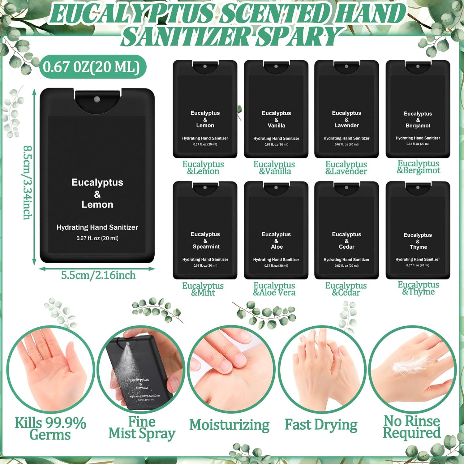 24 Pack Hand Sanitizer Spray Bulk Employee Appreciation Travel Size Hand Sanitizer Teacher Appreciation Week Gift Mini Pocket Spray Gifts for Mother Day Coworker Teacher(Black,Eucalyptus Style)