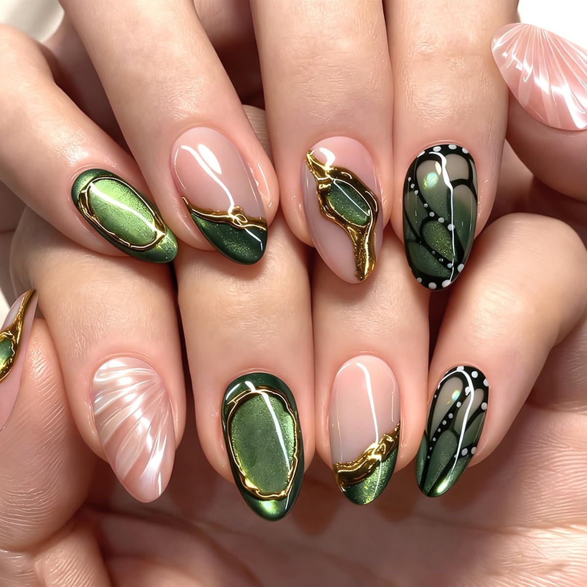 24 Pcs Pink Green Short Almond Press on Nails YEFIUO Spring Butterfly Texture Nail Tips Kit Fake Nails Press ons False Nails Artificial Acrylic Glue on Nails Stick on Nail for Women Nail Supplies