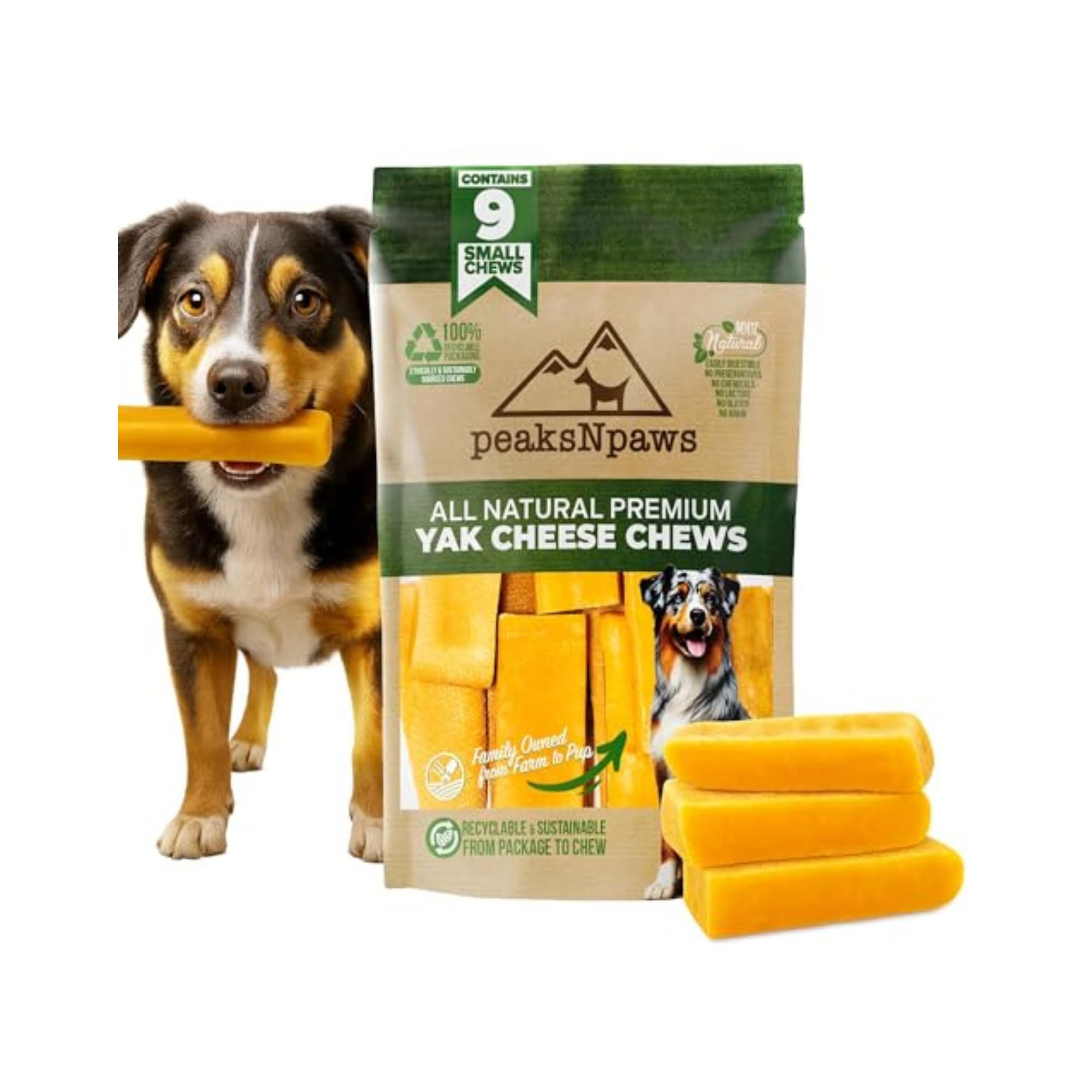peaksNpaws Yak Cheese Himalayan Dog Chews, High Protein, Natural Dog Treats Small Dogs, Lactose Free Chew Sticks for Aggressive Chewers, Long Lasting Pet Treat for Dogs Under 15 lbs, 9 Small Chews