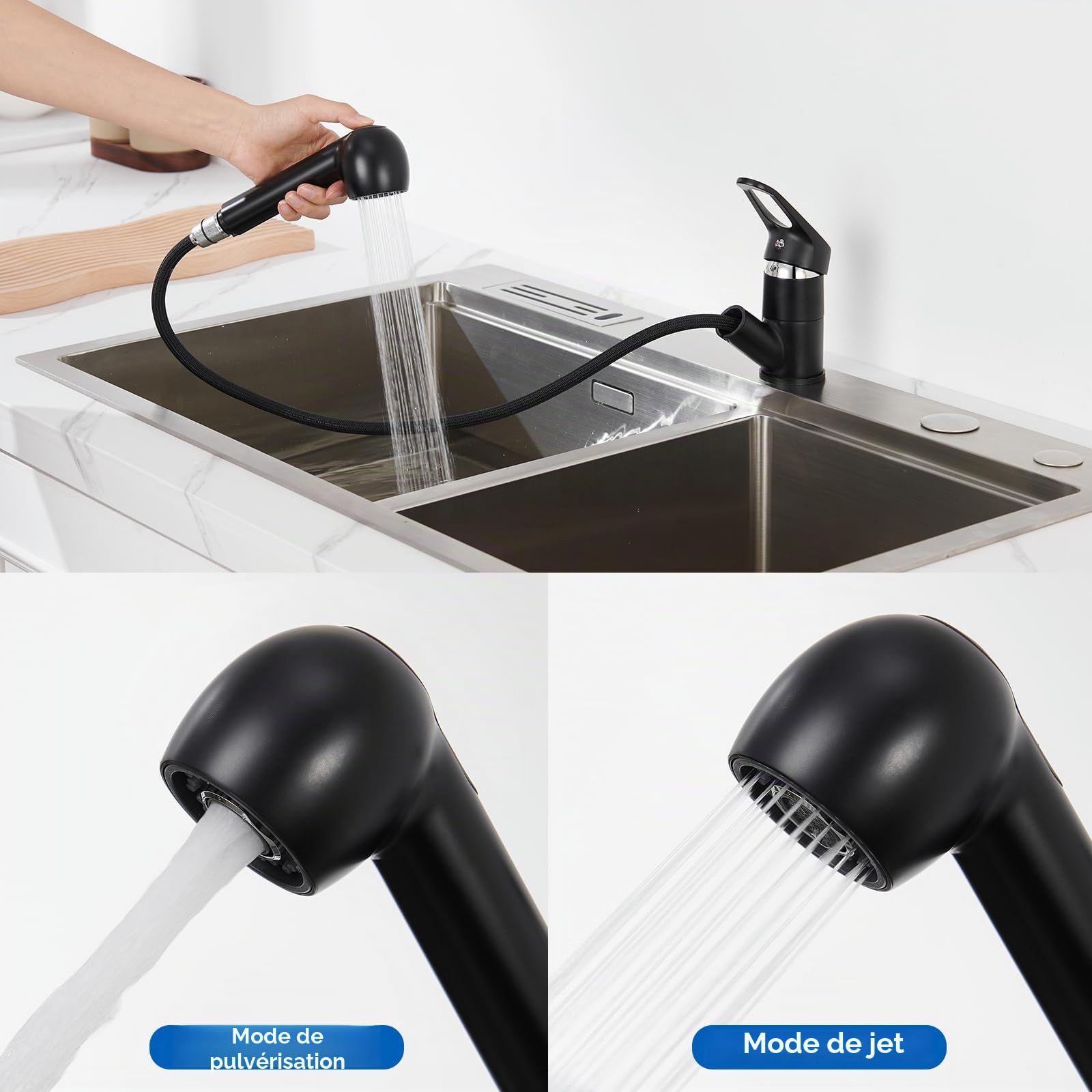 Auralum Robinet de Cuisine Noir Douchette Extractible 2 Jets Mitigeur Évier 360° Laiton Monotrou Eau Froide Chaude