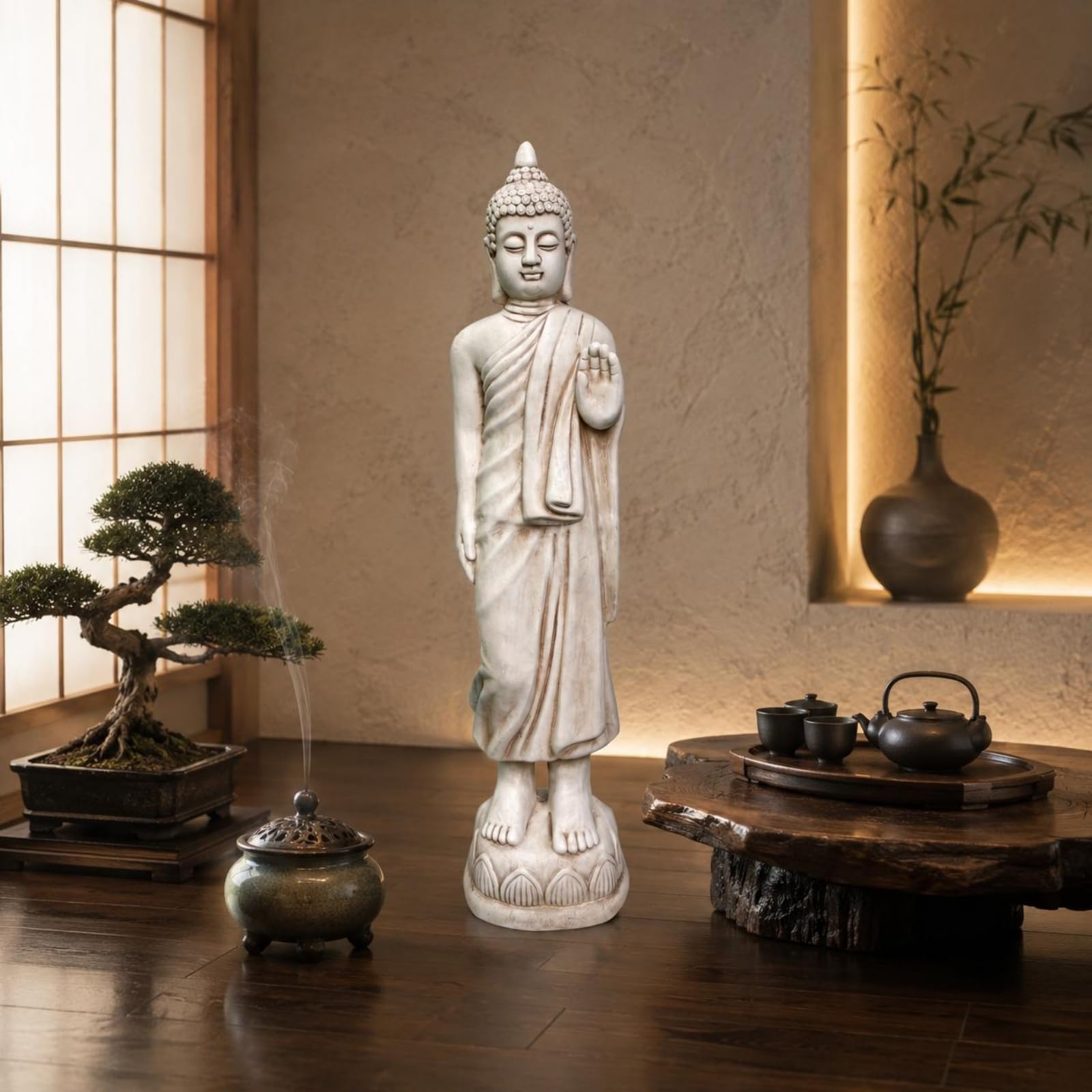 Figura Buda Pie Estilo Meditativo Estatua Buda Uso Interior y Exterior, Gris