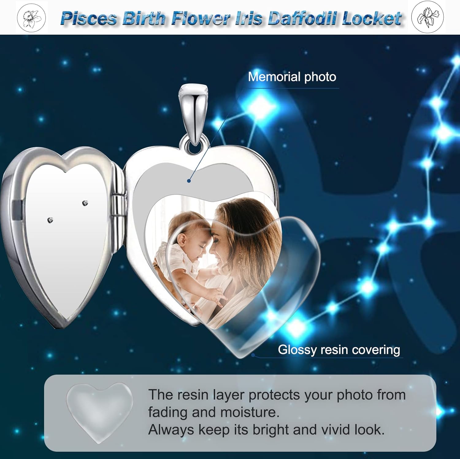 SOULMEET Heart Birth Flowers Zodiac Locket Necklace That Holds Picture Sterling Silver Personalized Various Months Constellation Photo Locket Gift for Loved Ones' Birthday Lucky Horoscope