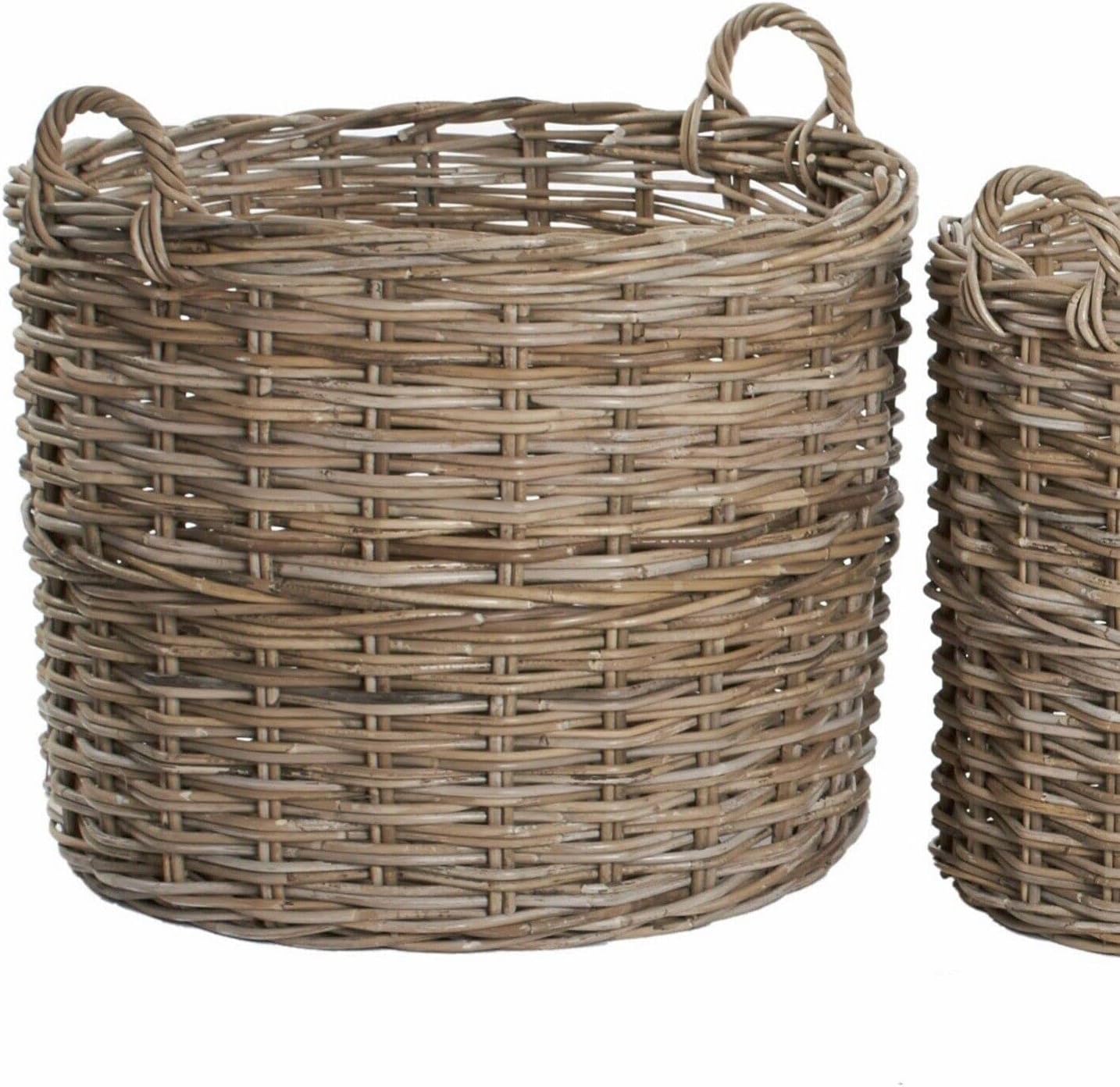 Round Wicker Log Storage Basket Grey and Buff Rattan Extra Large