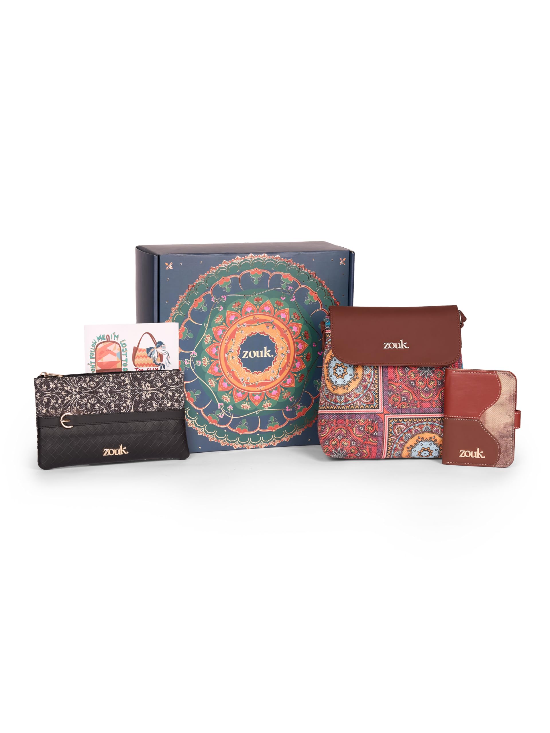 Mandala-Inspired Rakhi Gift Box for Women | Sling Bag, Pouch & Passport Cover Combo | Handcrafted Travel Accessories Set | Indian Print Gift Hamper for Sister, Wife, Friends-image-5